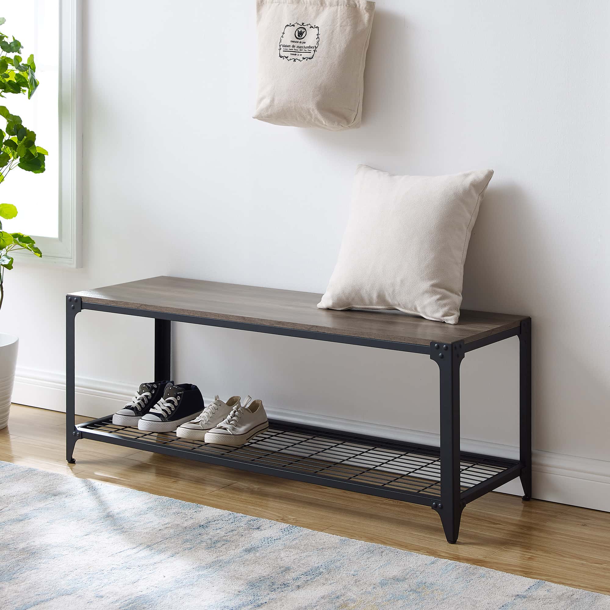 48 Inch Industrial Angle Iron Entry Bench - Grey Wash by Walker Edison