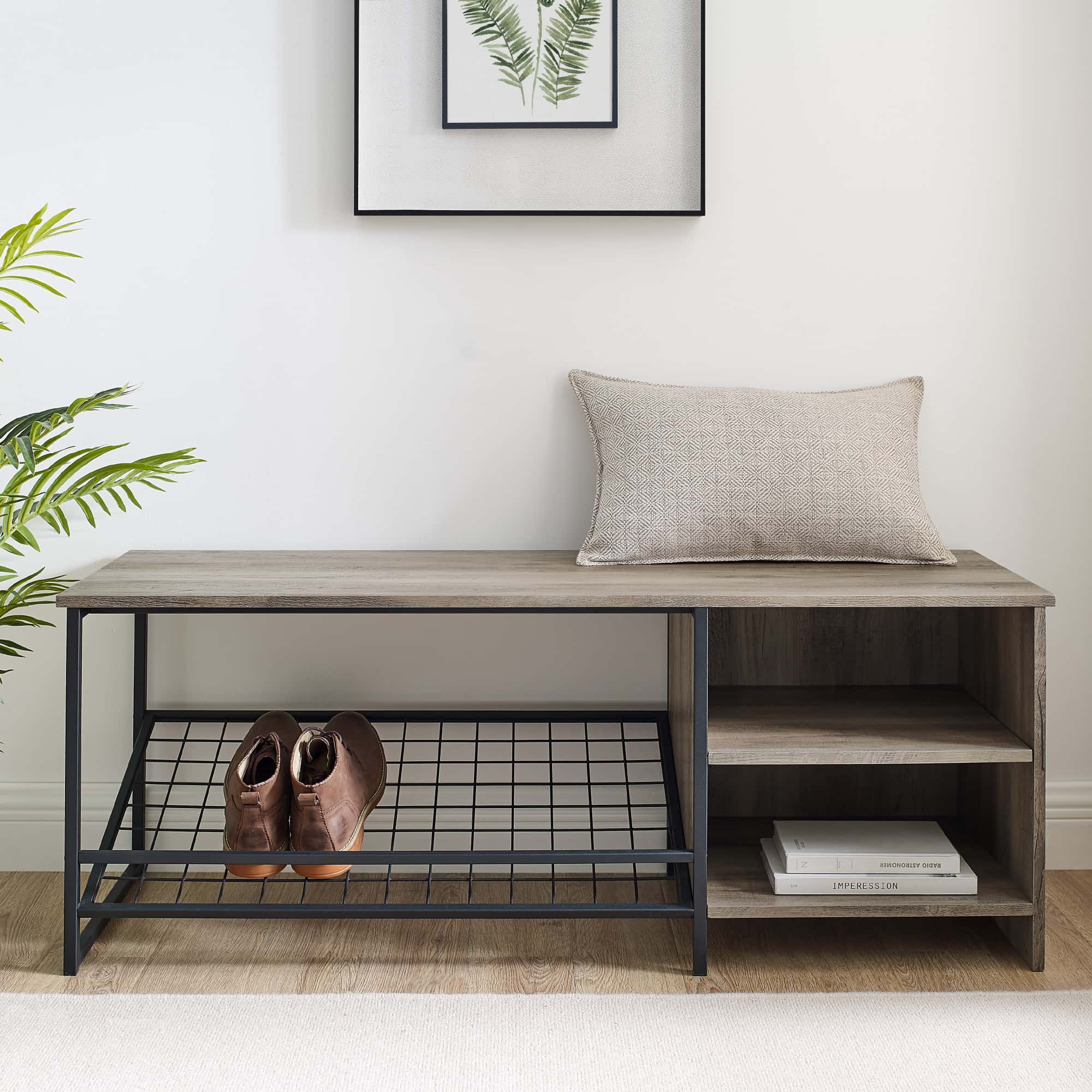 48 Inch Industrial Entry Bench with Shoe Storage - Grey Wash by Walker ...