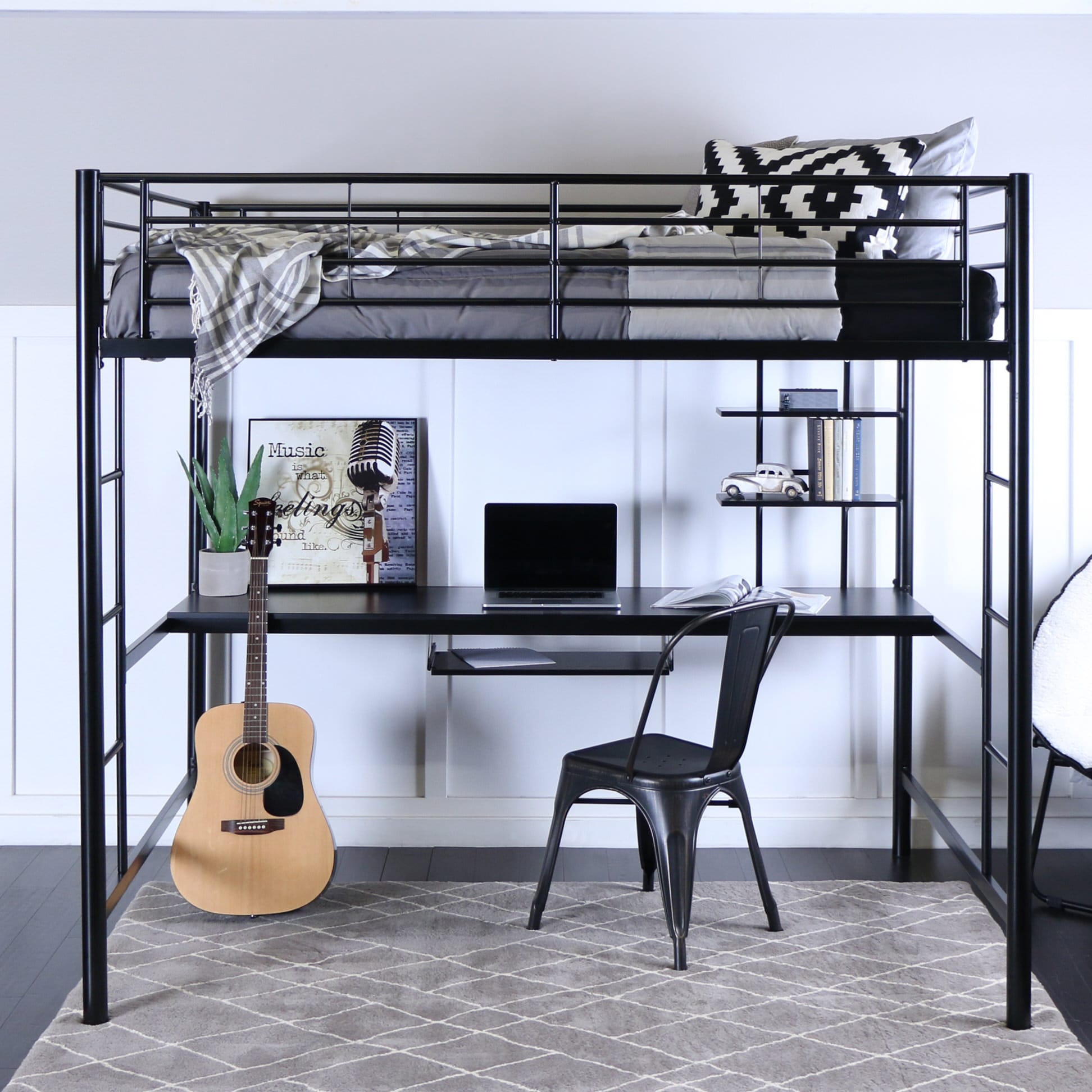 Metal Full Loft Bed w/Workstation - Black by Walker Edison