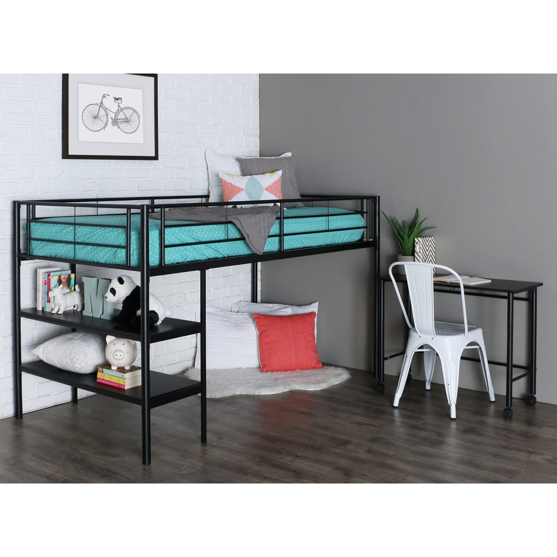 black metal loft bed with desk