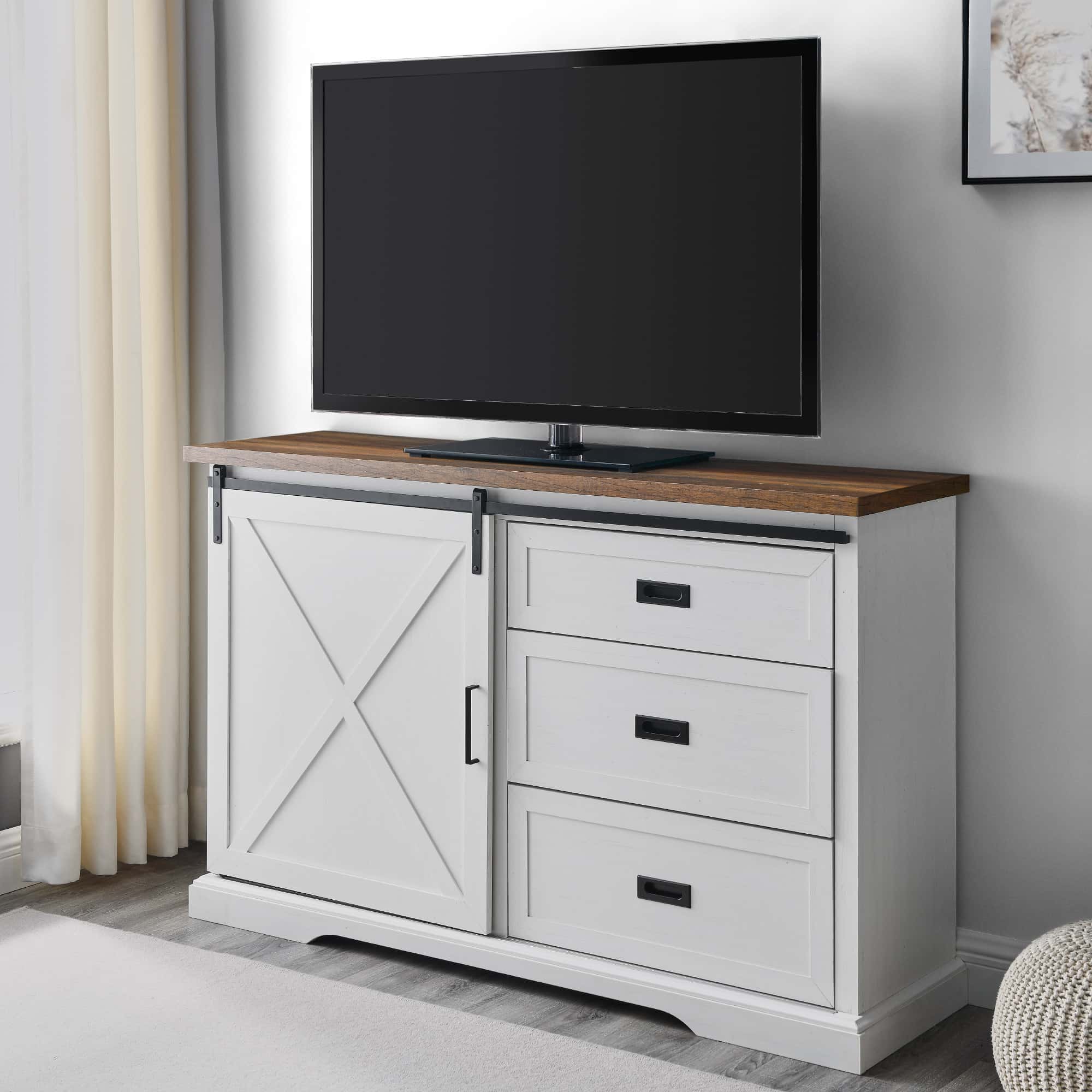 56" Sliding X Barn Door Sideboard Reclaimed Barnwood/Brushed White at