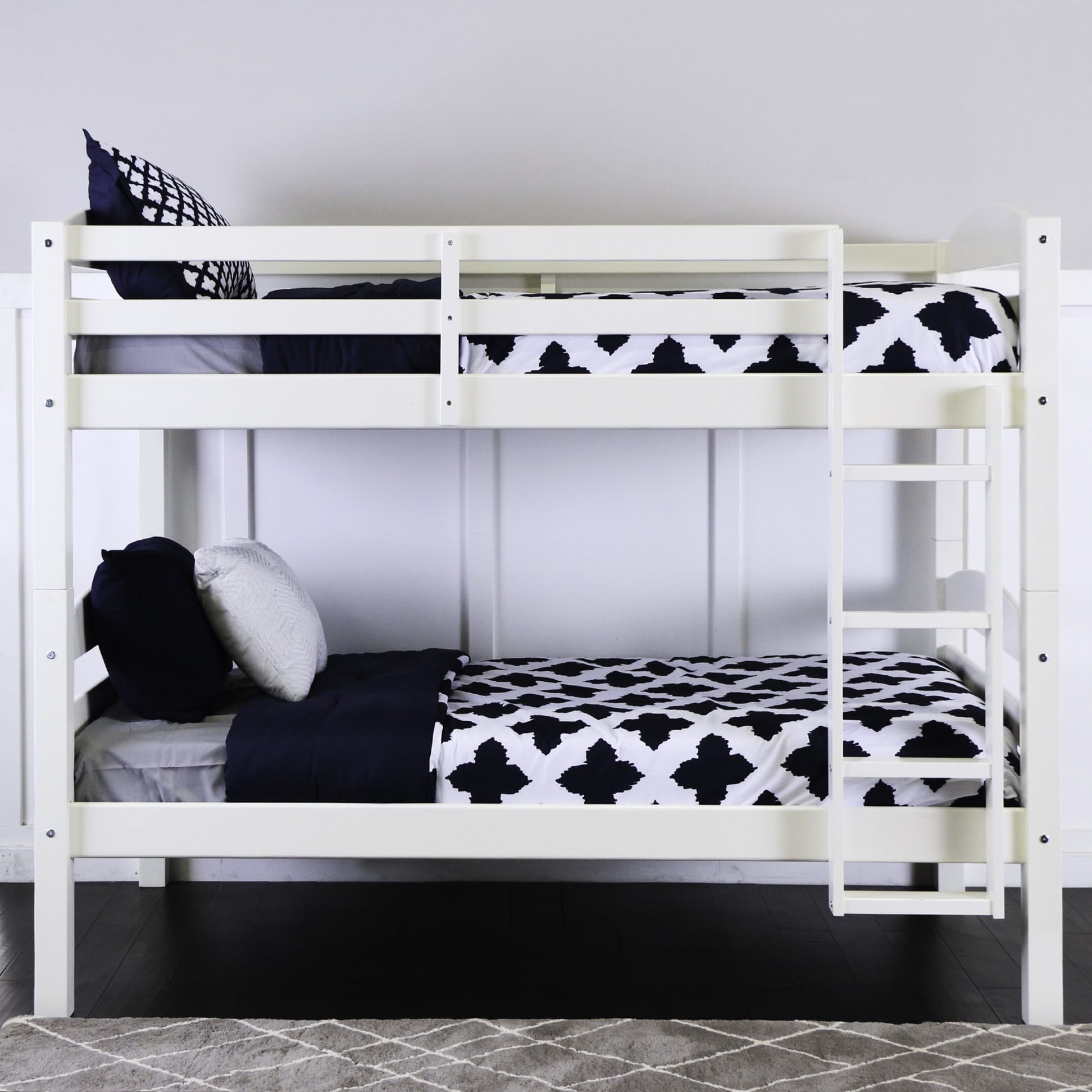 grey and white bunk beds