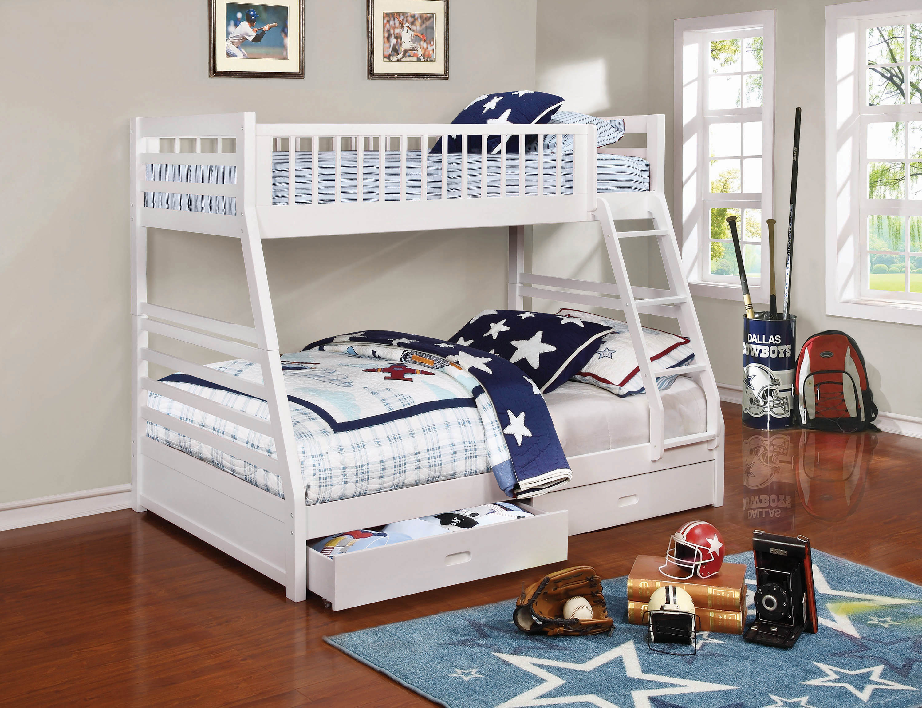 white twin over full bunk bed with storage