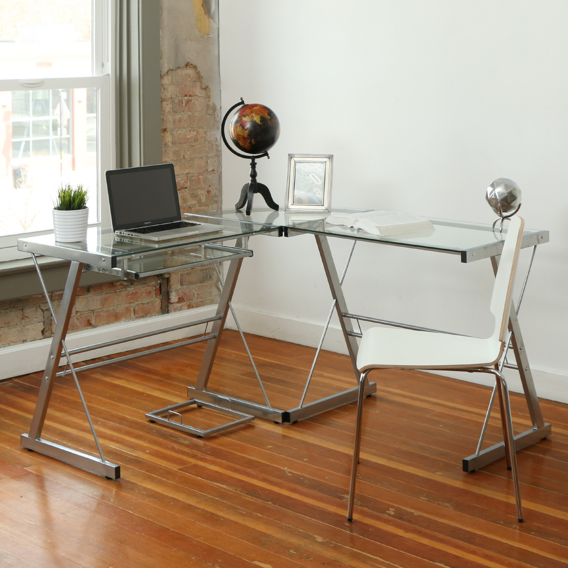 Soreno L-Shaped Computer Desk - Silver at Futonland