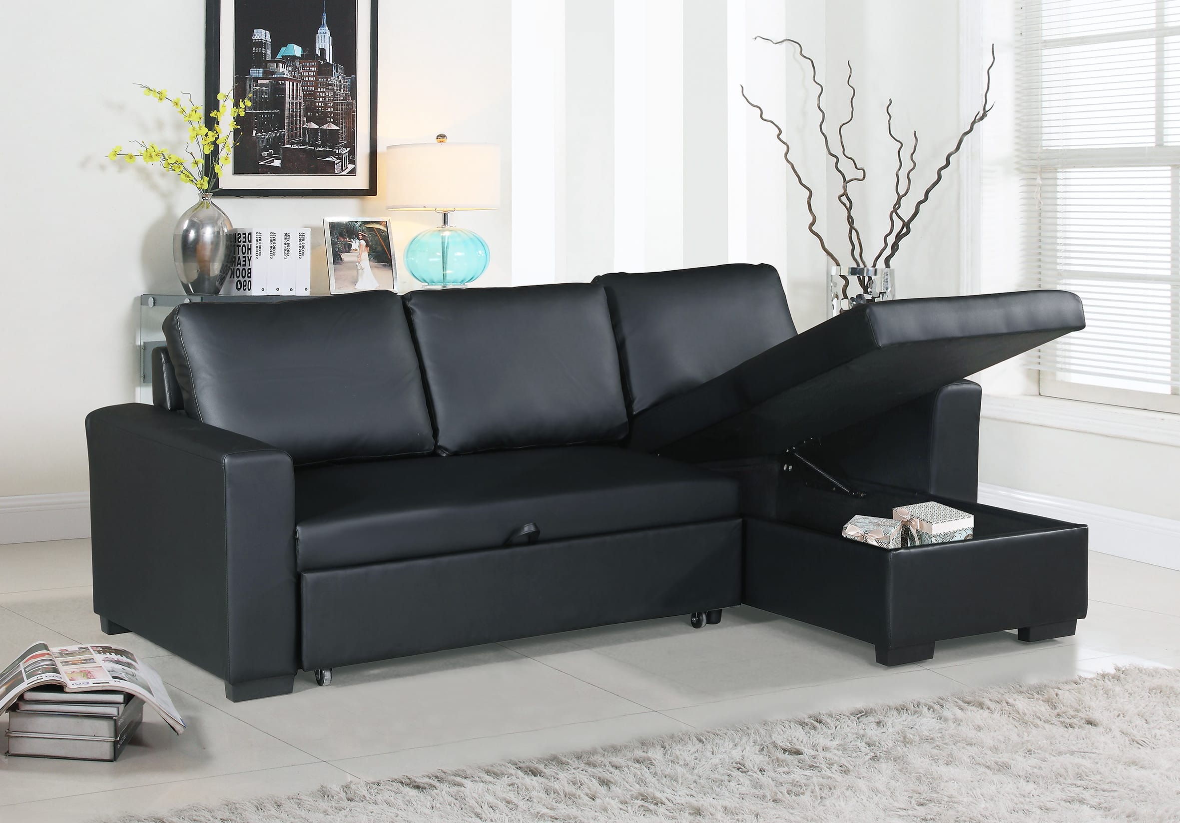 F6890 Black Convertible Sectional Sofa By Poundex