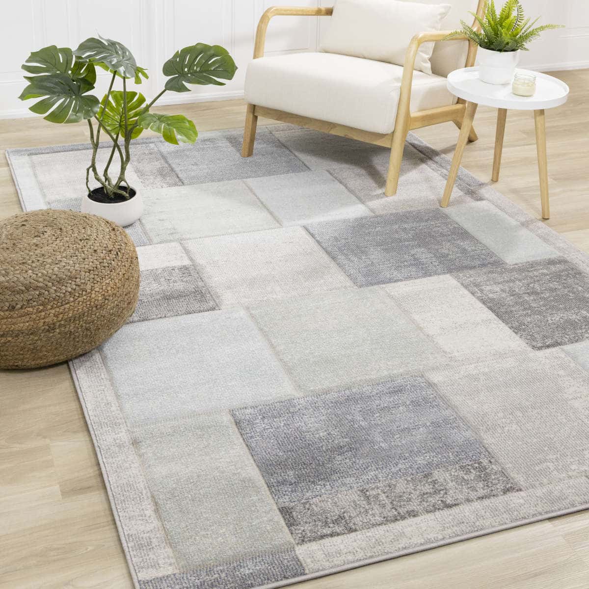 Folio Blue Grey Distressed Block Pattern Rug at Futonland