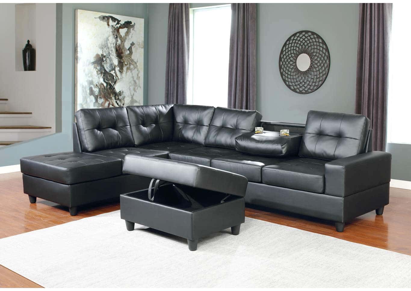 Boston Black Reversable Sectional Sofa w Ottoman by Galaxy
