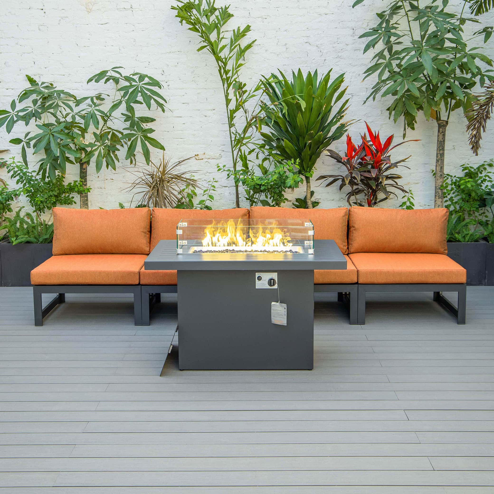 Chelsea 5-Piece Middle Patio Chairs & Fire Pit Table Set Black Aluminum ...
