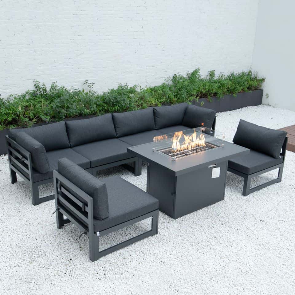 Chelsea 7-Piece Patio Sectional And Fire Pit Table Black Aluminum With  Cushions, Black (Armless) by LeisureMod