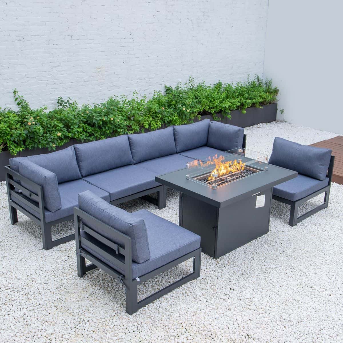 Chelsea 7-Piece Patio Sectional And Fire Pit Table Black Aluminum With  Cushions, Blue by LeisureMod