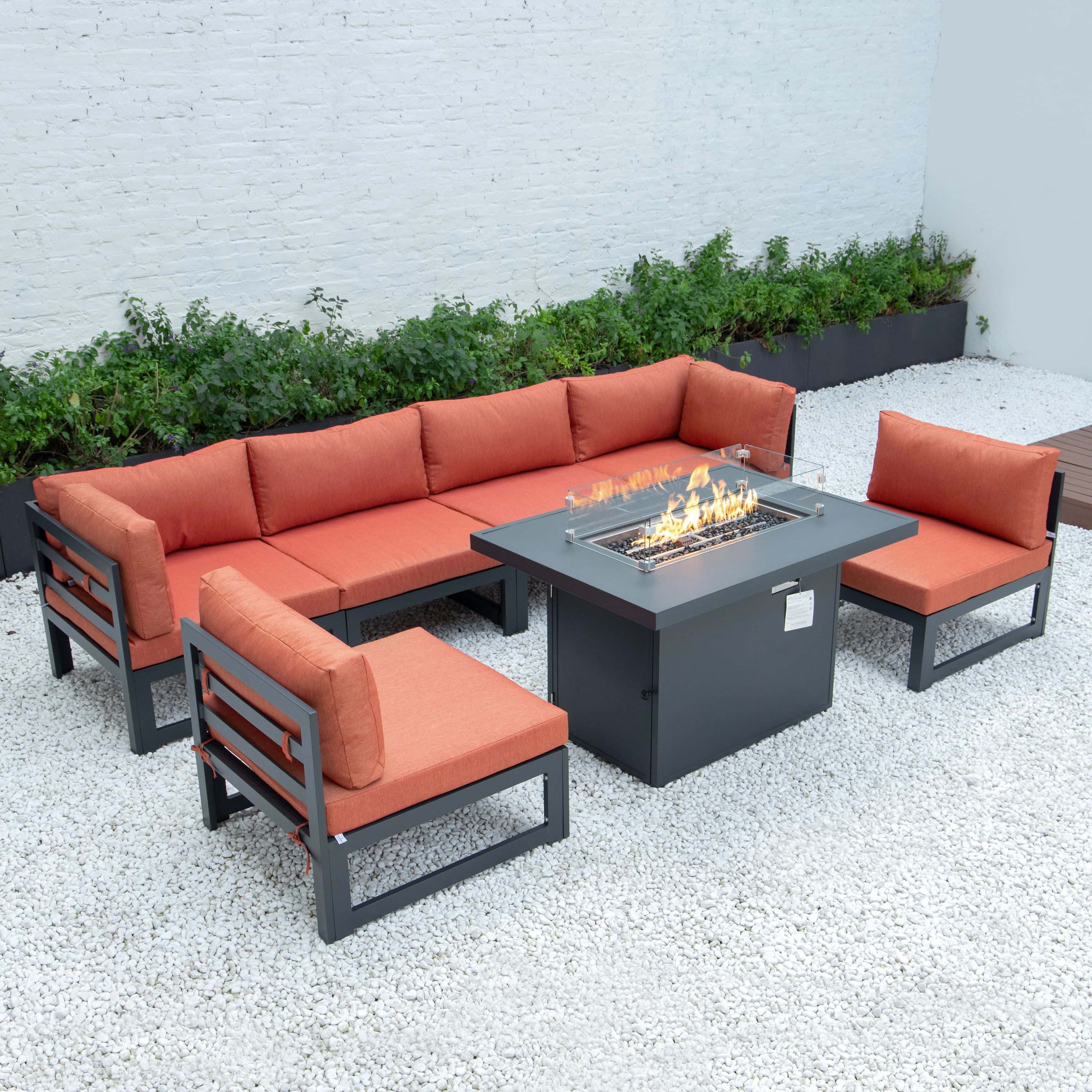 Chelsea 7-Piece Patio Sectional And Fire Pit Table Black Aluminum With  Cushions, Orange by LeisureMod