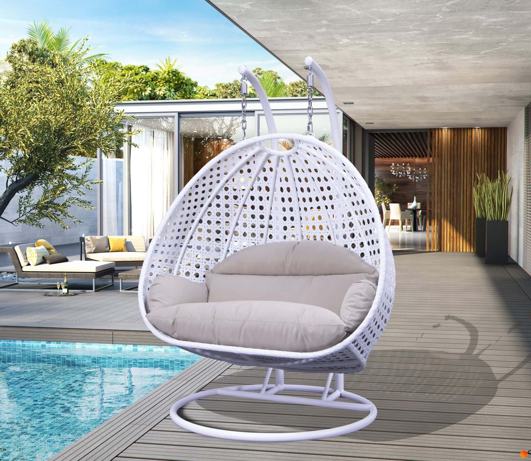 Wicker Hanging 2 Person Egg Swing Chair With Outdoor Cover White / Beige by  LeisureMod