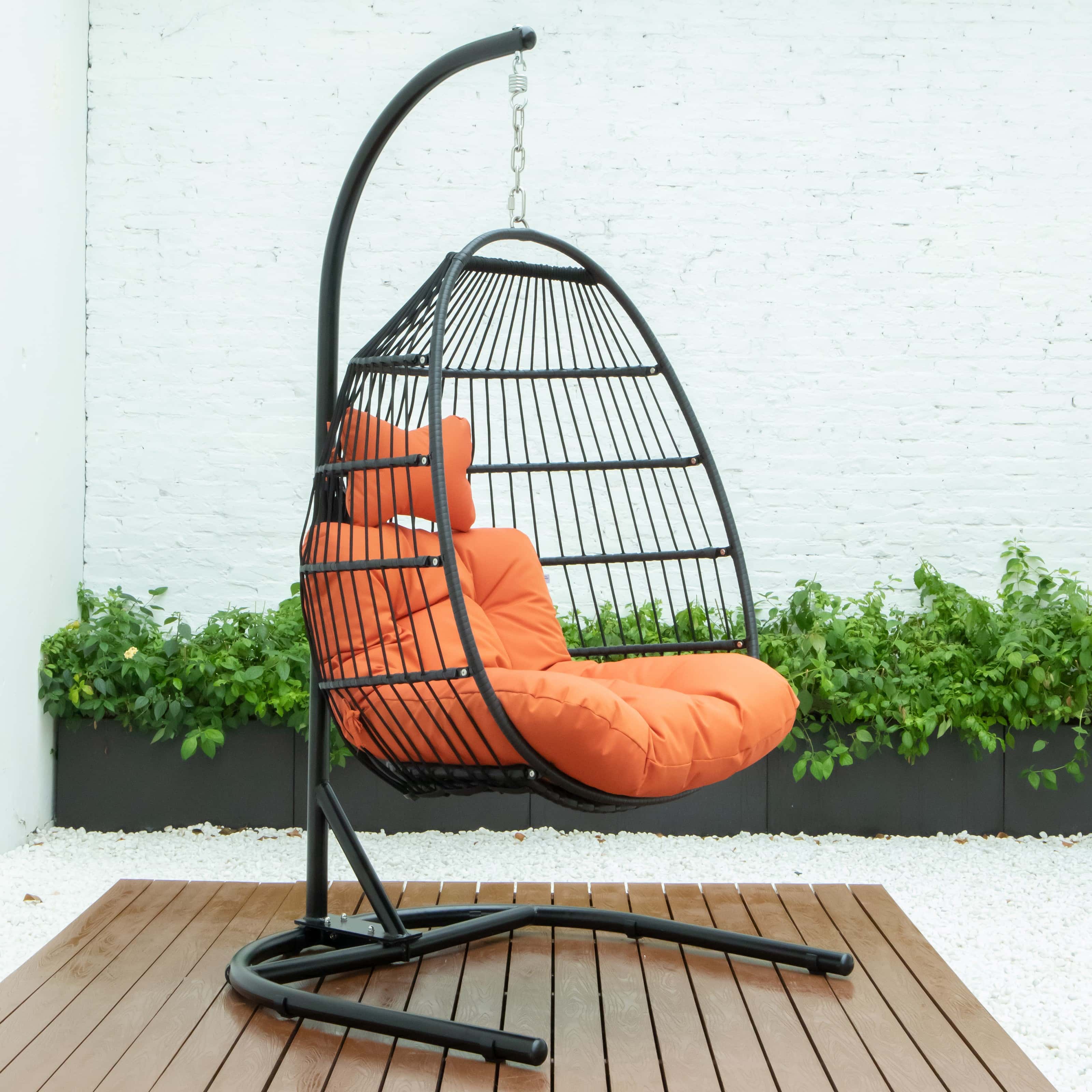 Wicker Hanging Egg Swing Chair - Folding Construction - Black w/Orange Seat  by LeisureMod
