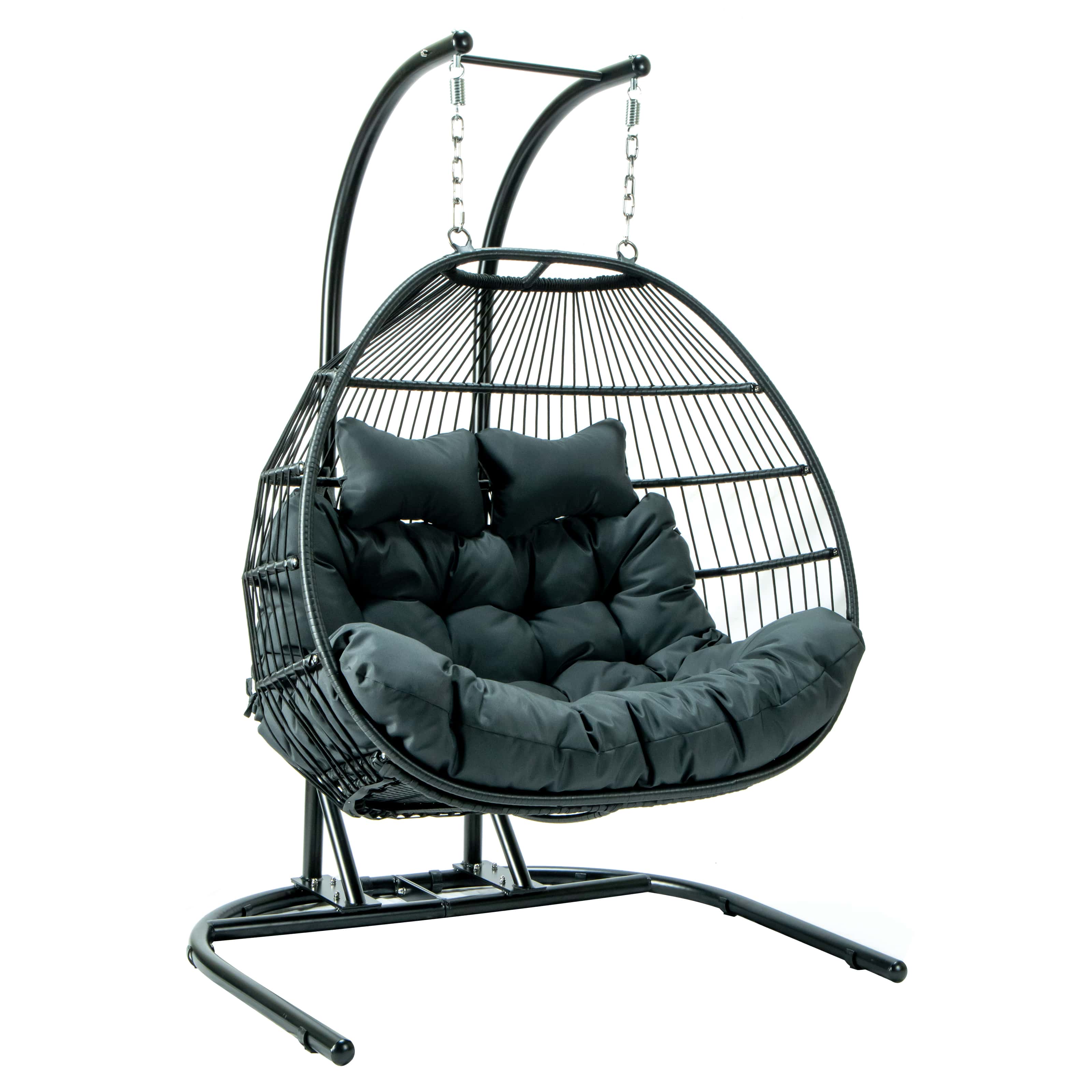 Wicker Hanging Egg Swing Chair - Folding Construction - Double Seater -  Black w/Charcoal Seat by LeisureMod