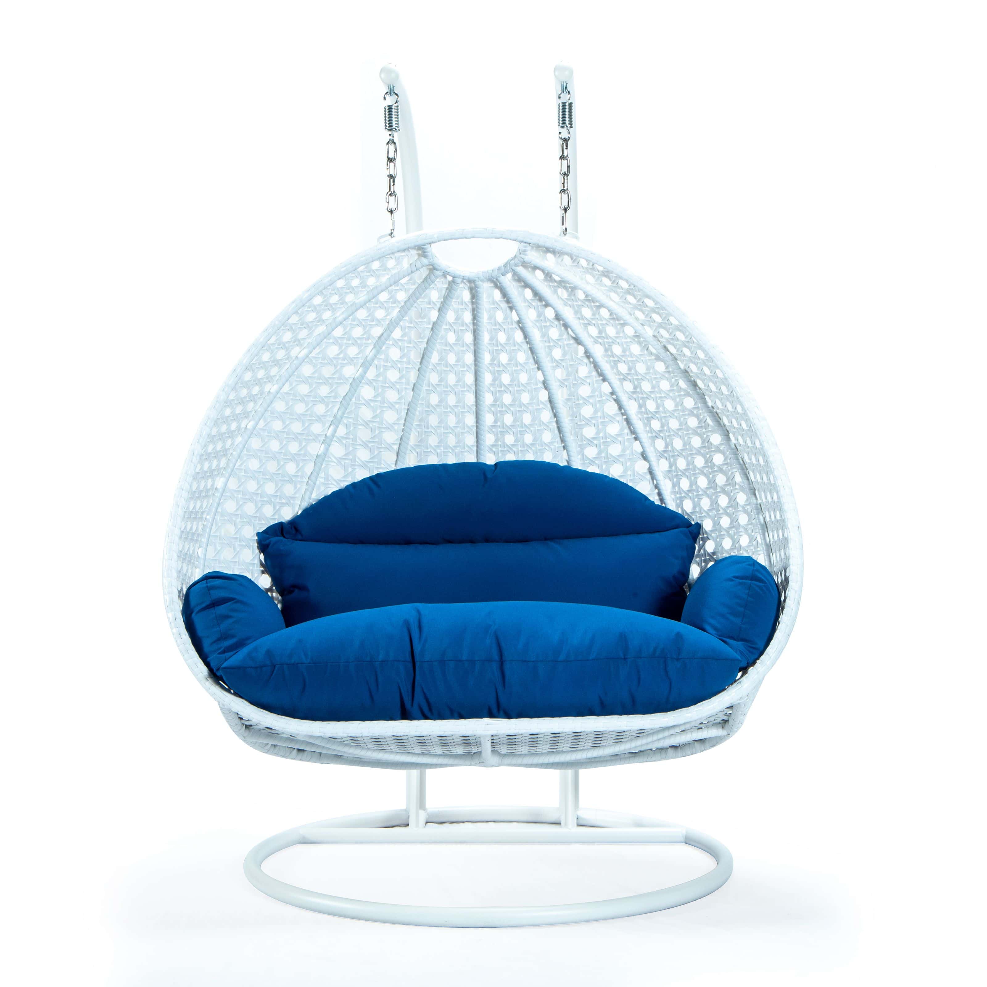 Wicker Hanging Egg Swing Chair Double Seater White W Blue Seat By Leisuremod