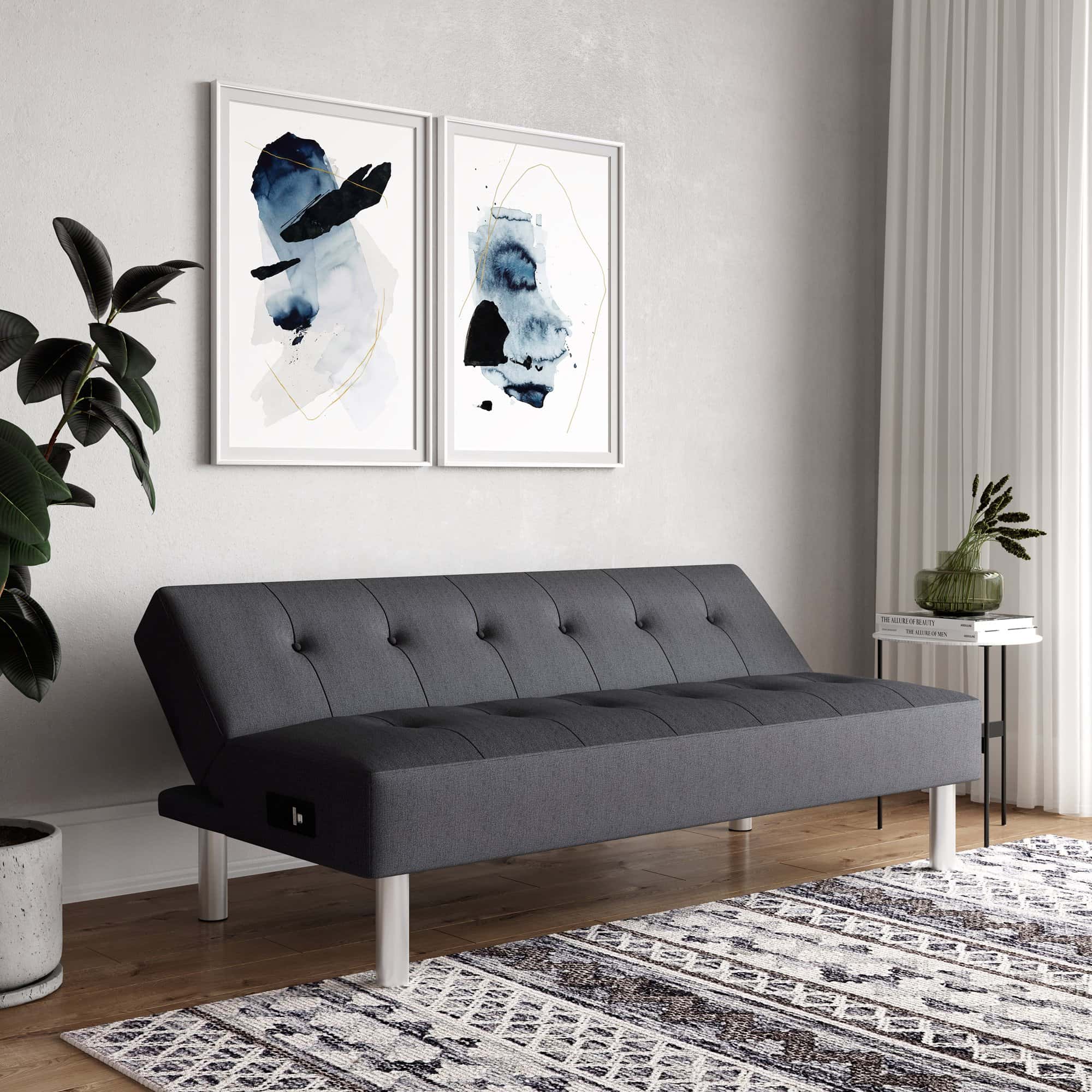 Serta Charcoal Convertible Cobalt Sofa w Power Strip at Futonland