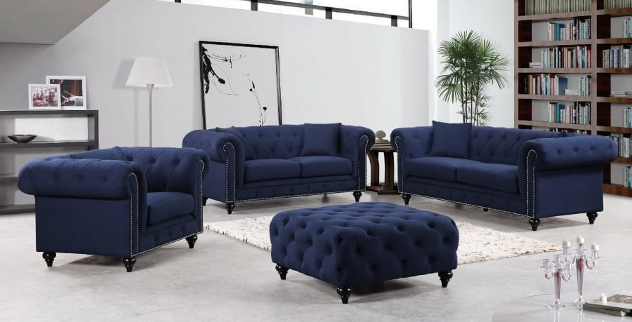 Chesterfield Navy Blue Linen Ottoman by Meridian Furniture