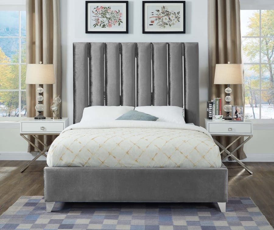 Modrest Audrey Modern Grey Velvet & Stainless Steel Bed