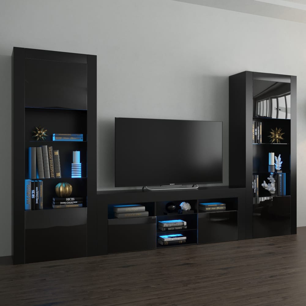 Milano Set 145-BK-BK Modern Black Wall Unit Entertainment Center at Futonland