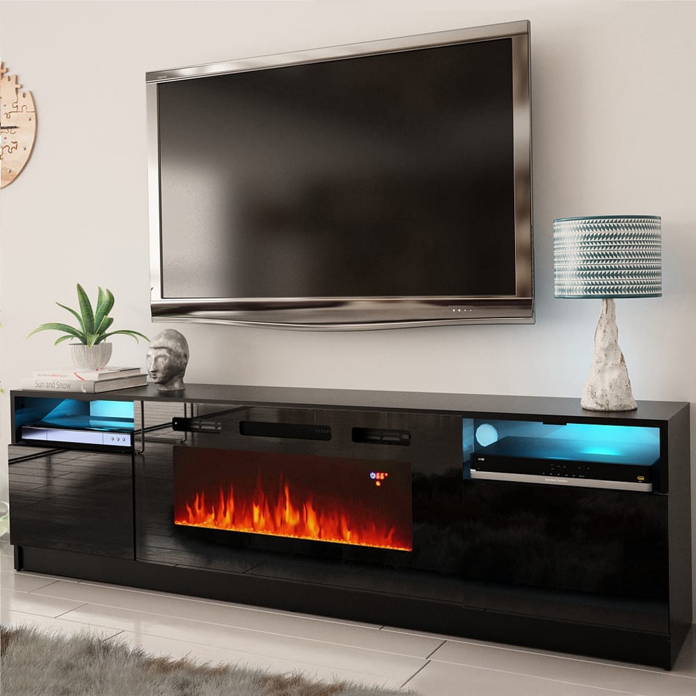 York 02 Black Electric Fireplace Modern 79" TV Stand by Meble Furniture