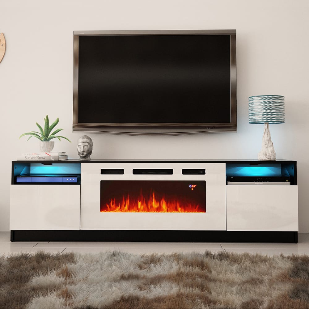 York WH02 Black & White Electric Fireplace Modern 79" TV Stand at Futonland
