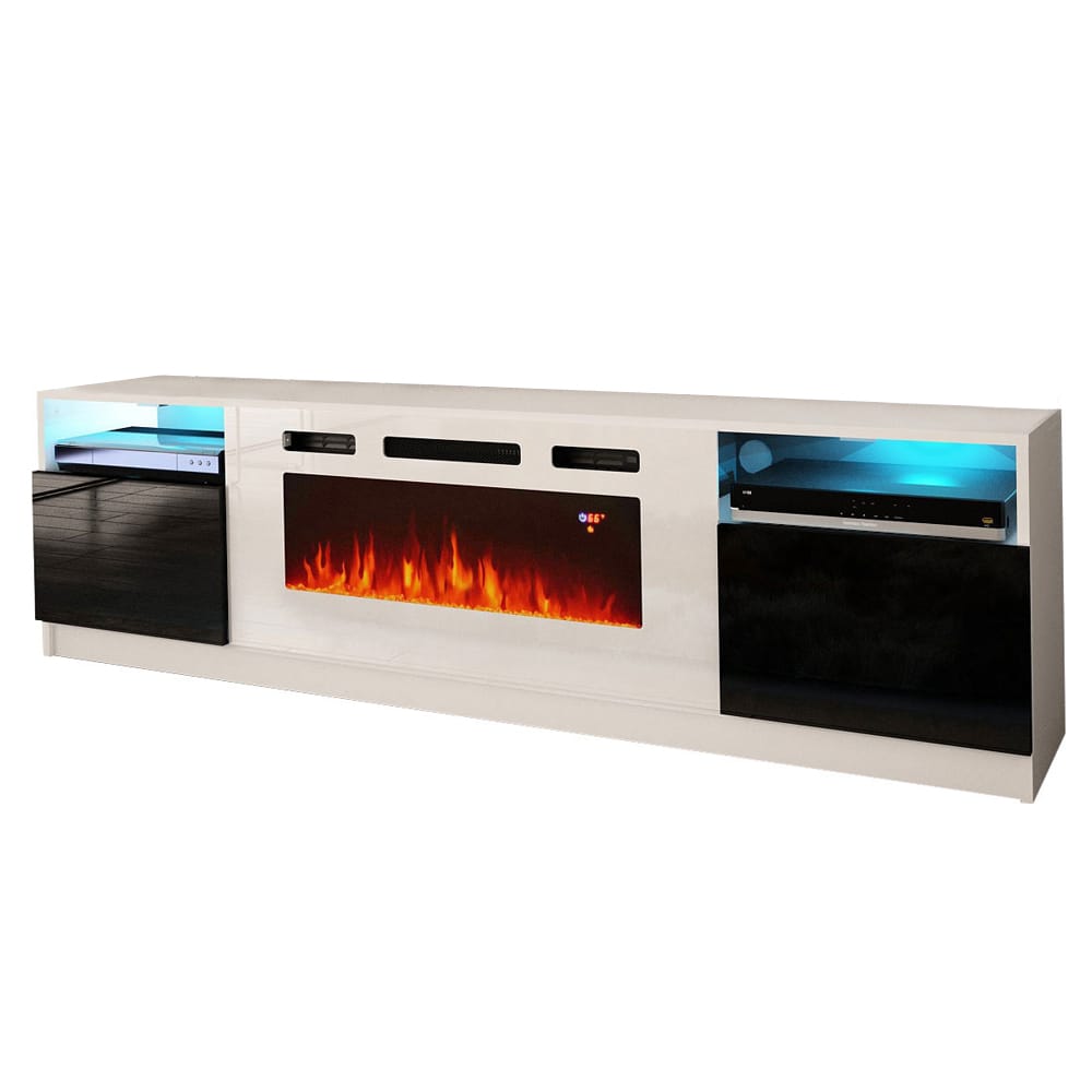 York WH02 White & Black Electric Fireplace Modern 79" TV Stand at Futonland