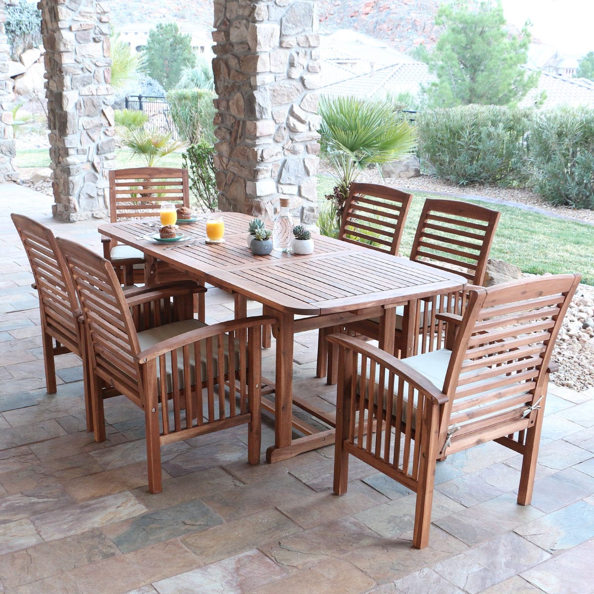 Midland 7 Piece Acacia Patio Dining Set w Cushions Brown by
