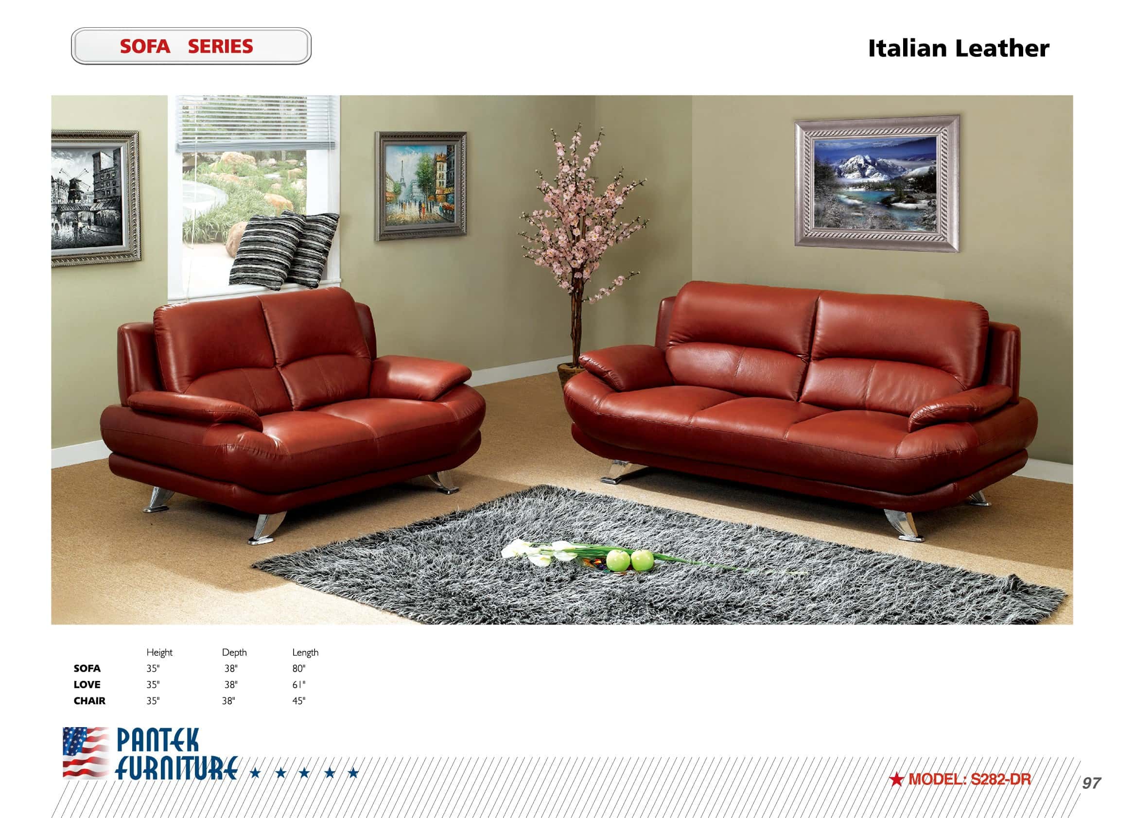 Italian Dark Red Leather Sofa Loveseat