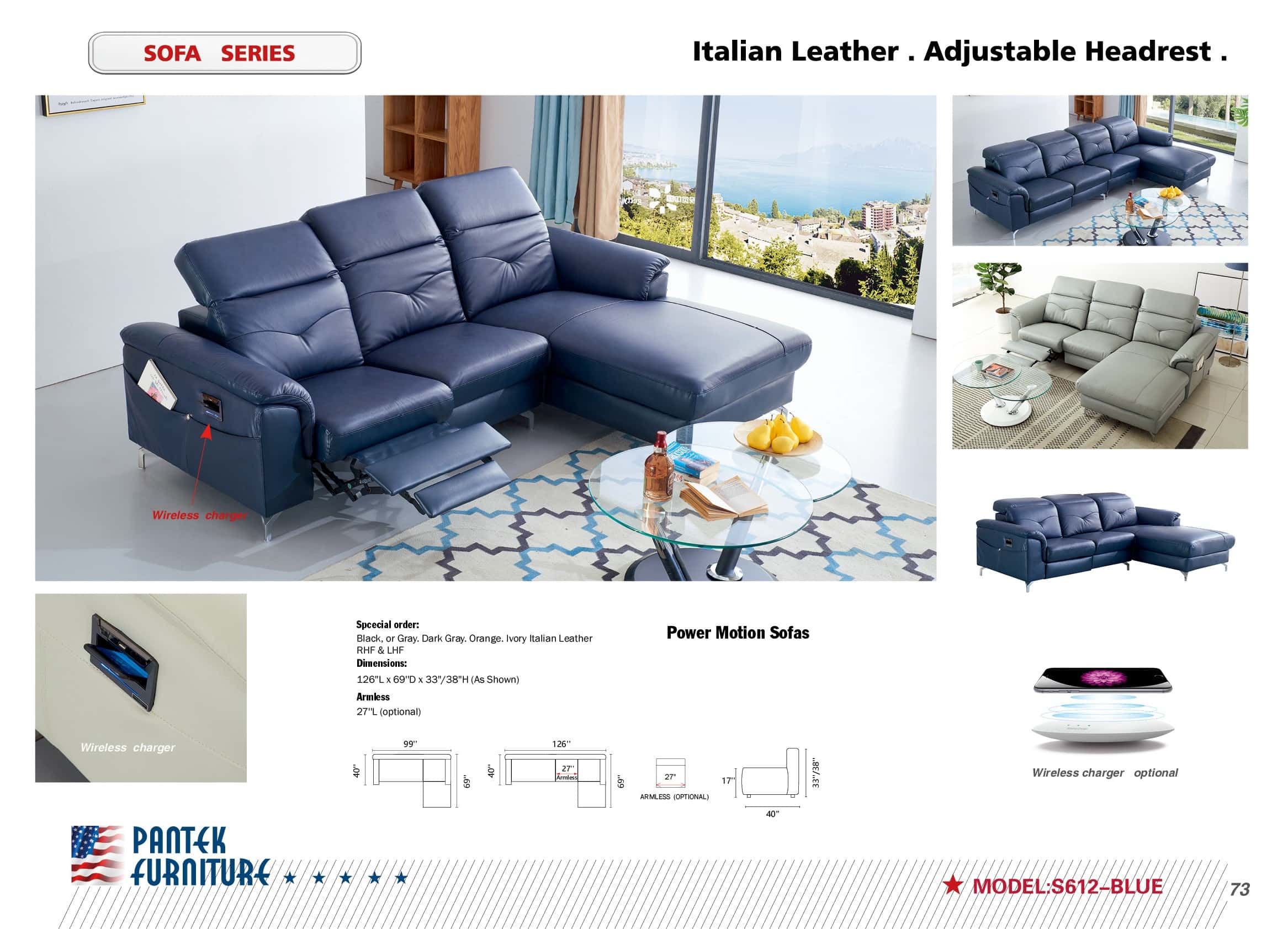 SF 612+ Italian Leather L Shape Sofa w/Adjustable Headrest + Wireless  Charger by Pantek Furniture