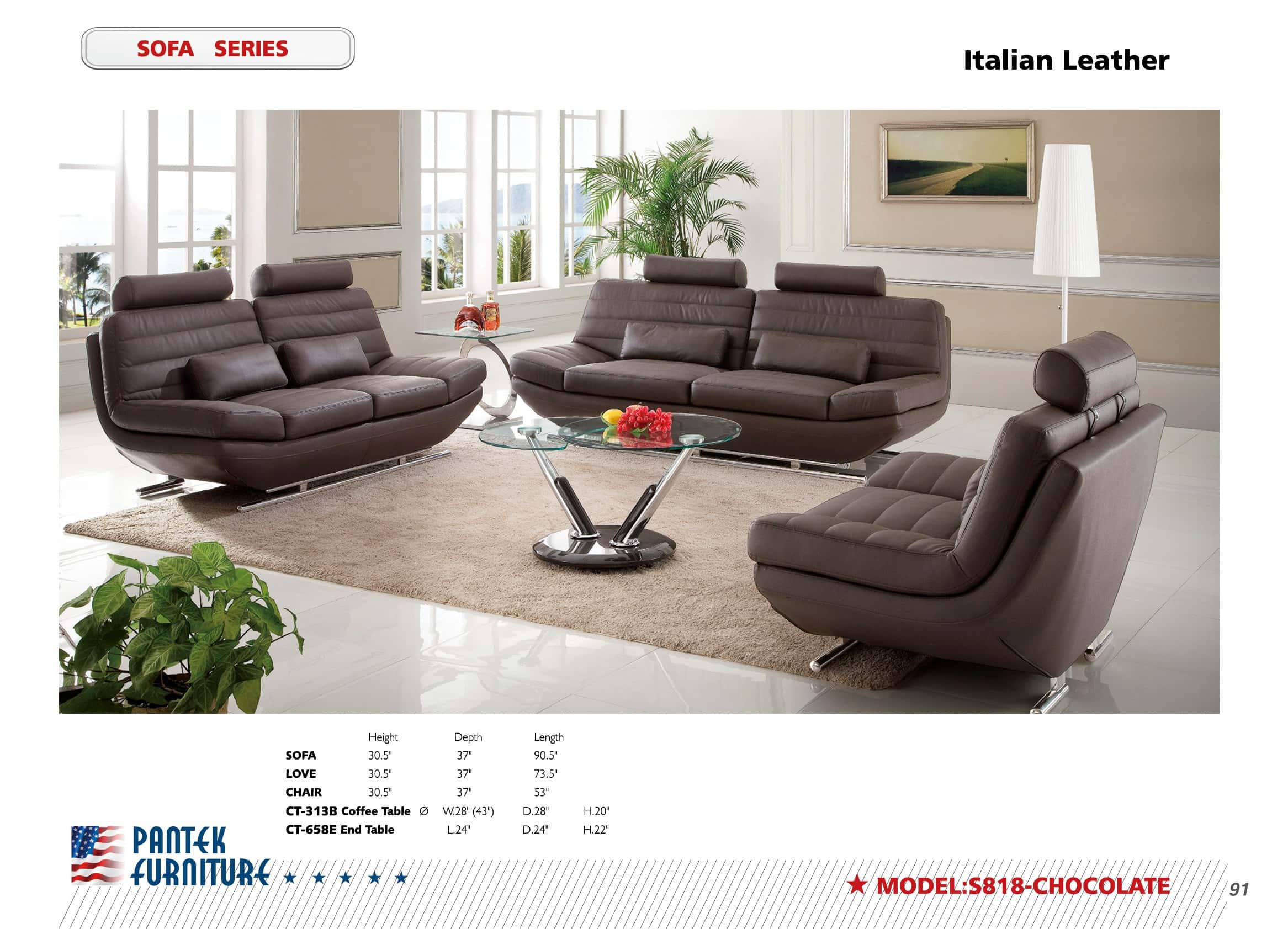 SF 818 Italian Chocolate Leather Sofa, Loveseat & Chair Set by Pantek  Furniture