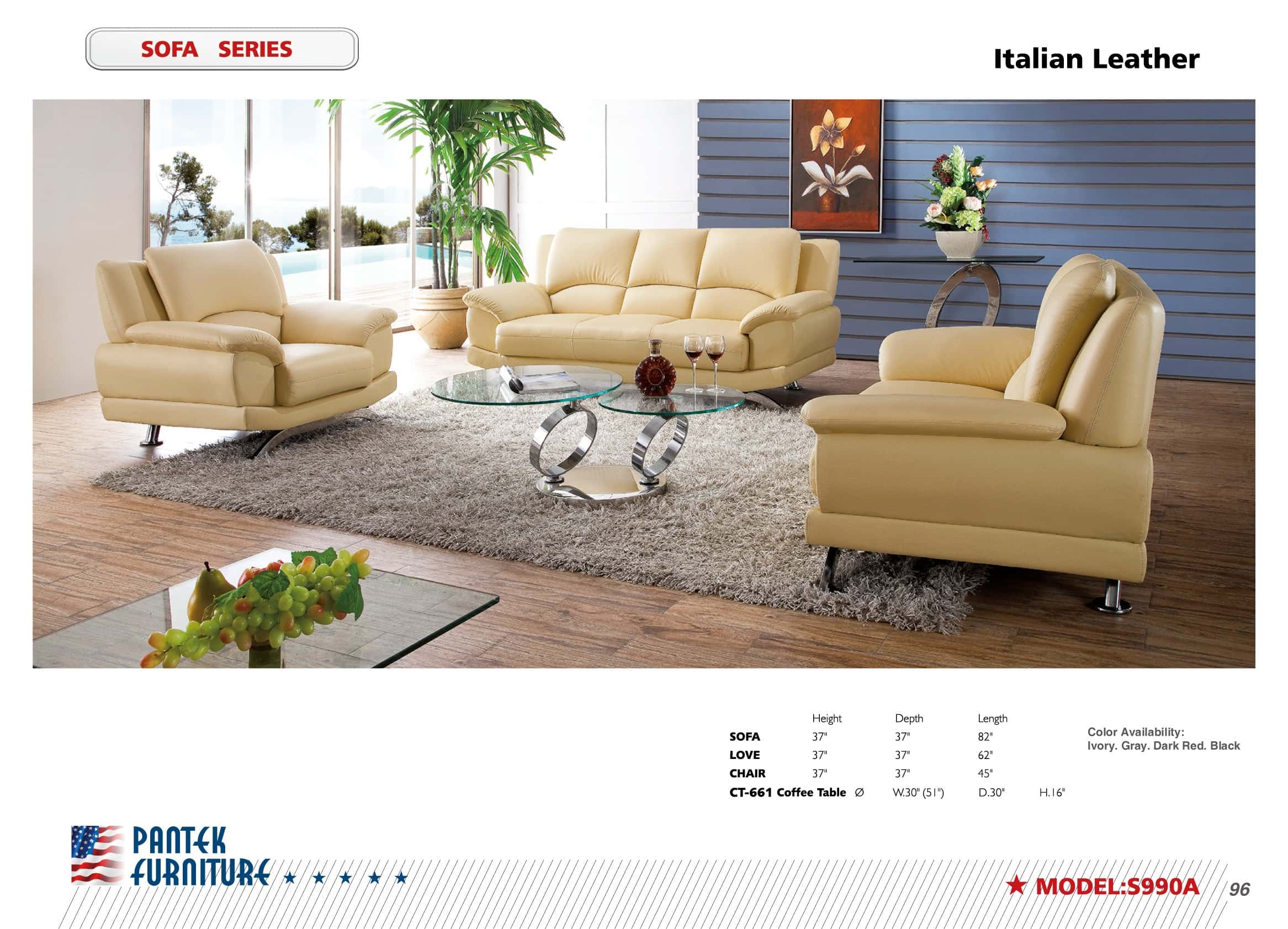 SF 990 Italian Ivory Leather Sofa, Loveseat & Chair Set by Pantek Furniture