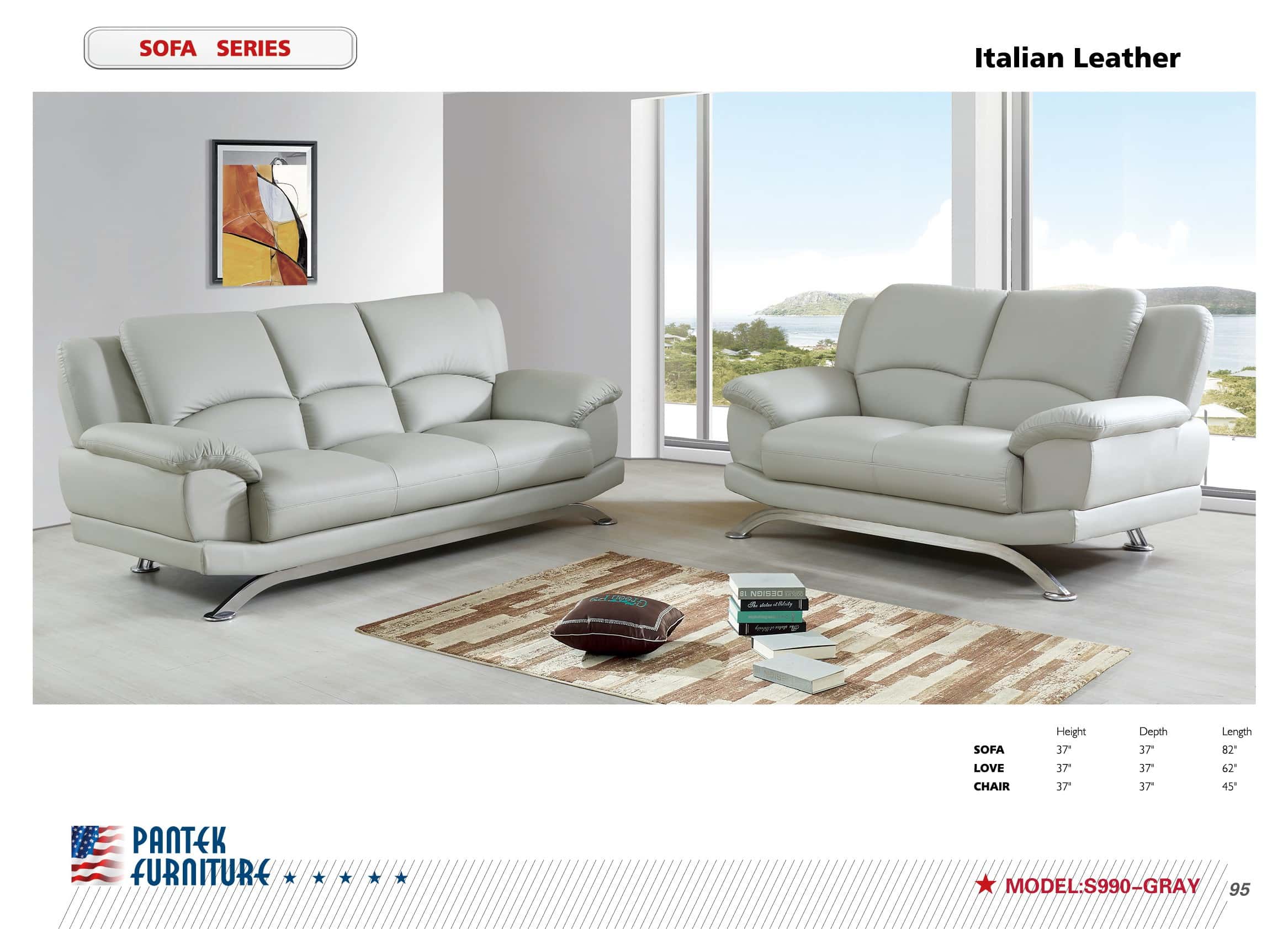 SF 990 Italian Gray Leather Sofa, Loveseat & Chair Set by Pantek Furniture