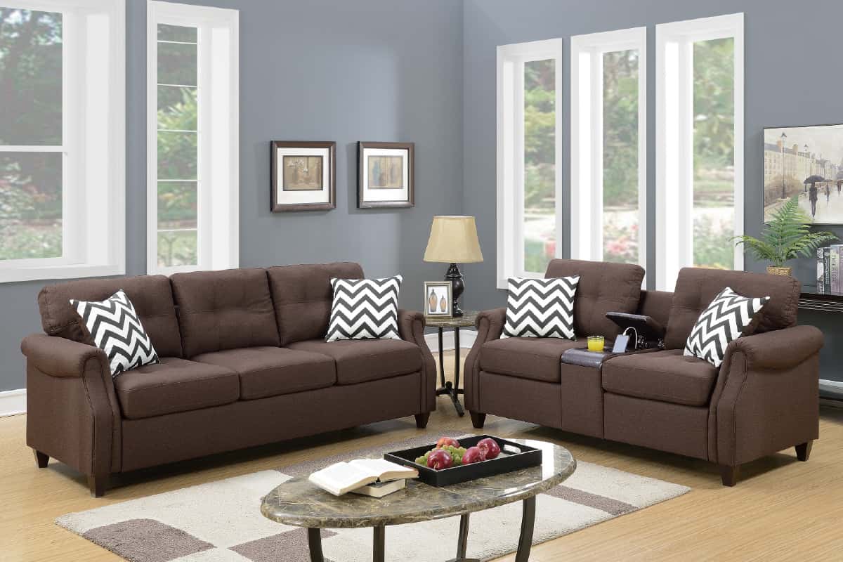 F6413 Dark Coffee Polyfiber 2-Pcs Sofa Set w/USB Console at Futonland