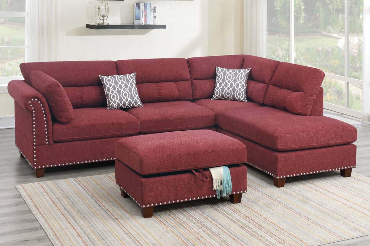 F6419 Paprika Red Velvet Fabric 3-Pcs Sectional Sofa Set by Poundex