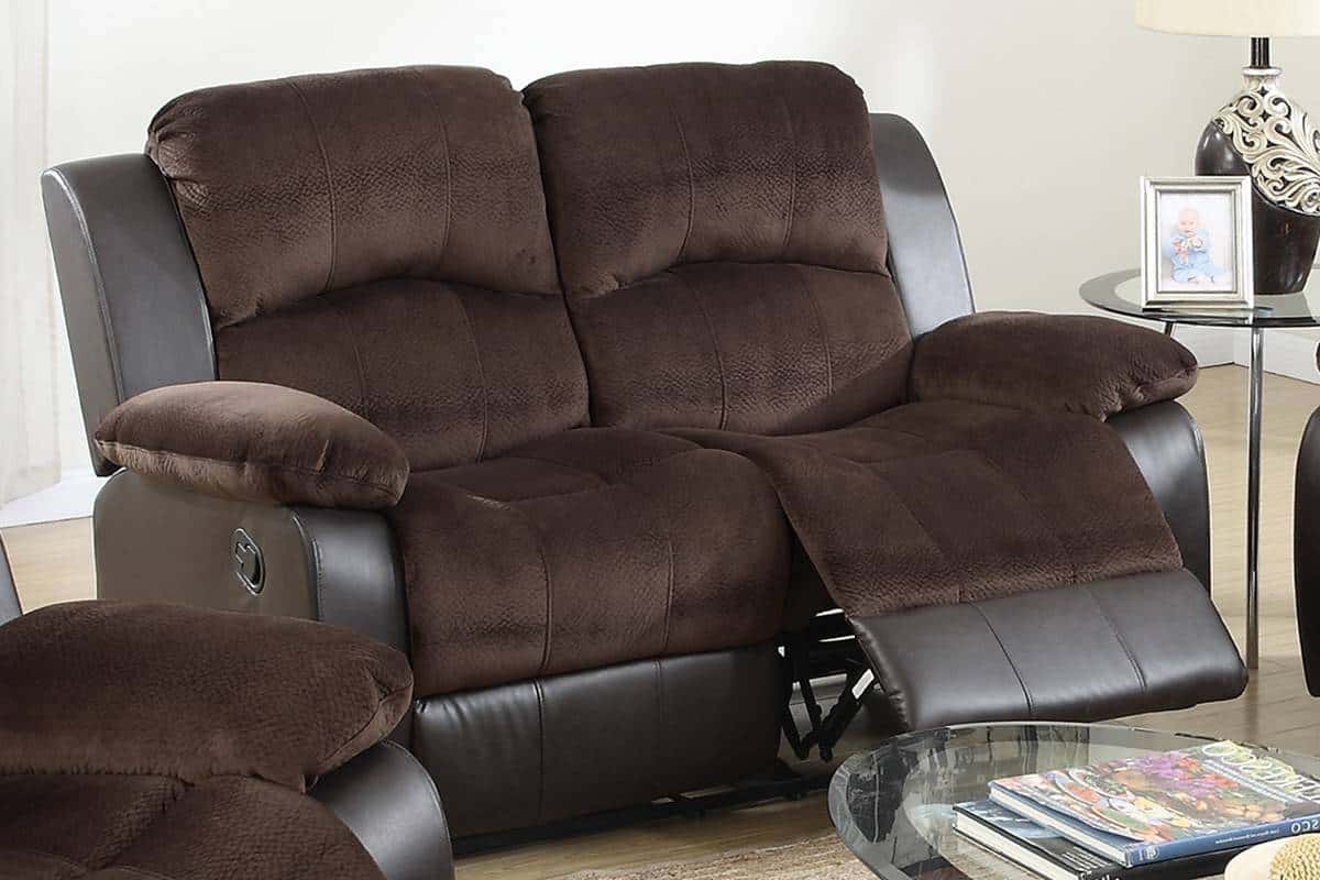 F6695 Chocolate Faux Leather Padded Suede Reclining Loveseat at