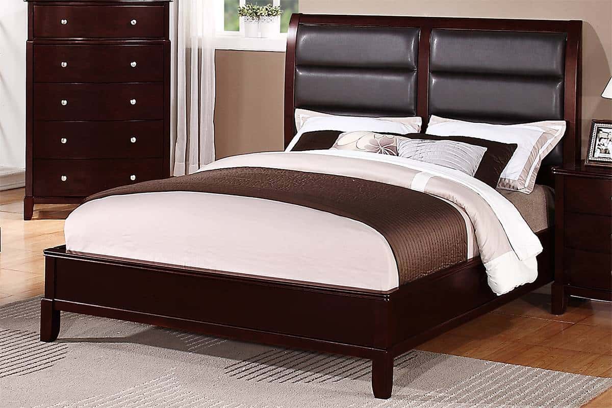 F9175 Dark Cherry Faux Leather & Plywood Bed w/Boxed Headboard by Poundex