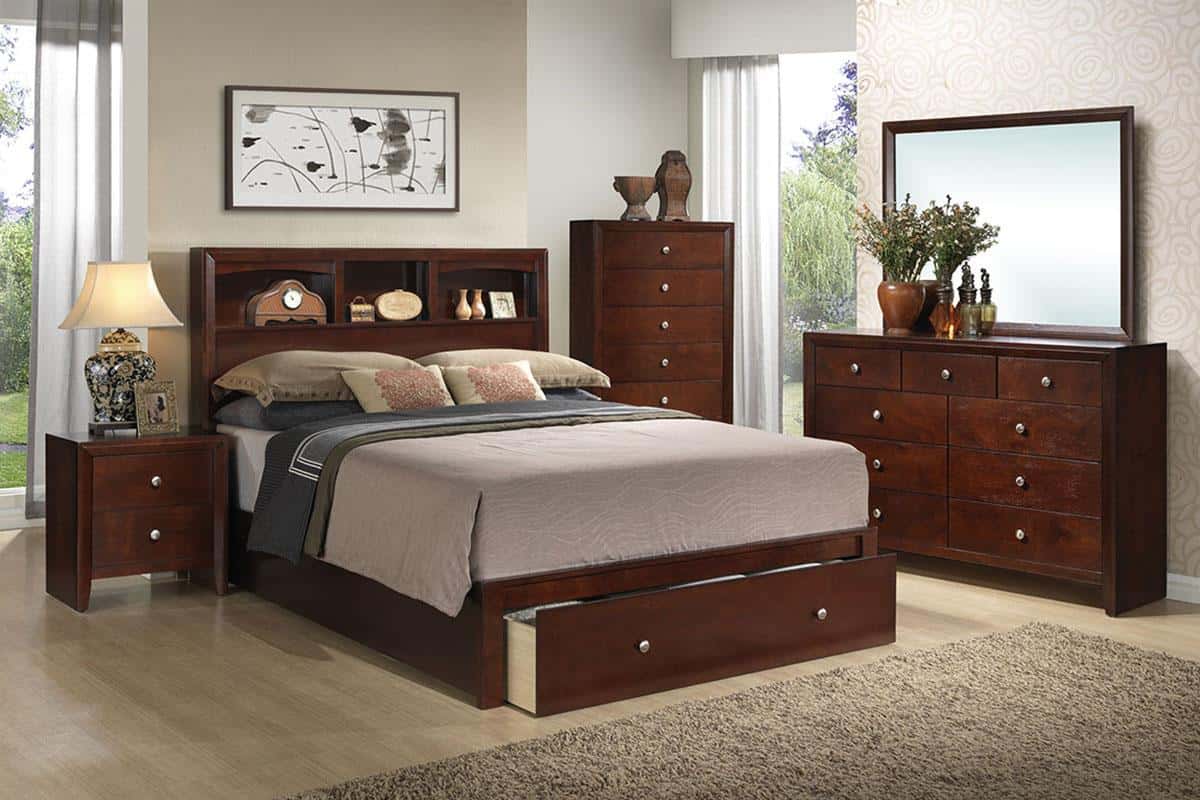 F9282 Okoume Veneer Bed w/Storage Headboard & Footboard at Futonland