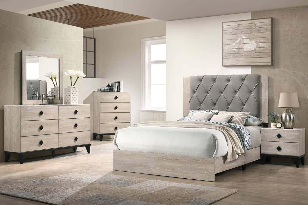 F9561 Cream Fabric & Wood Bed