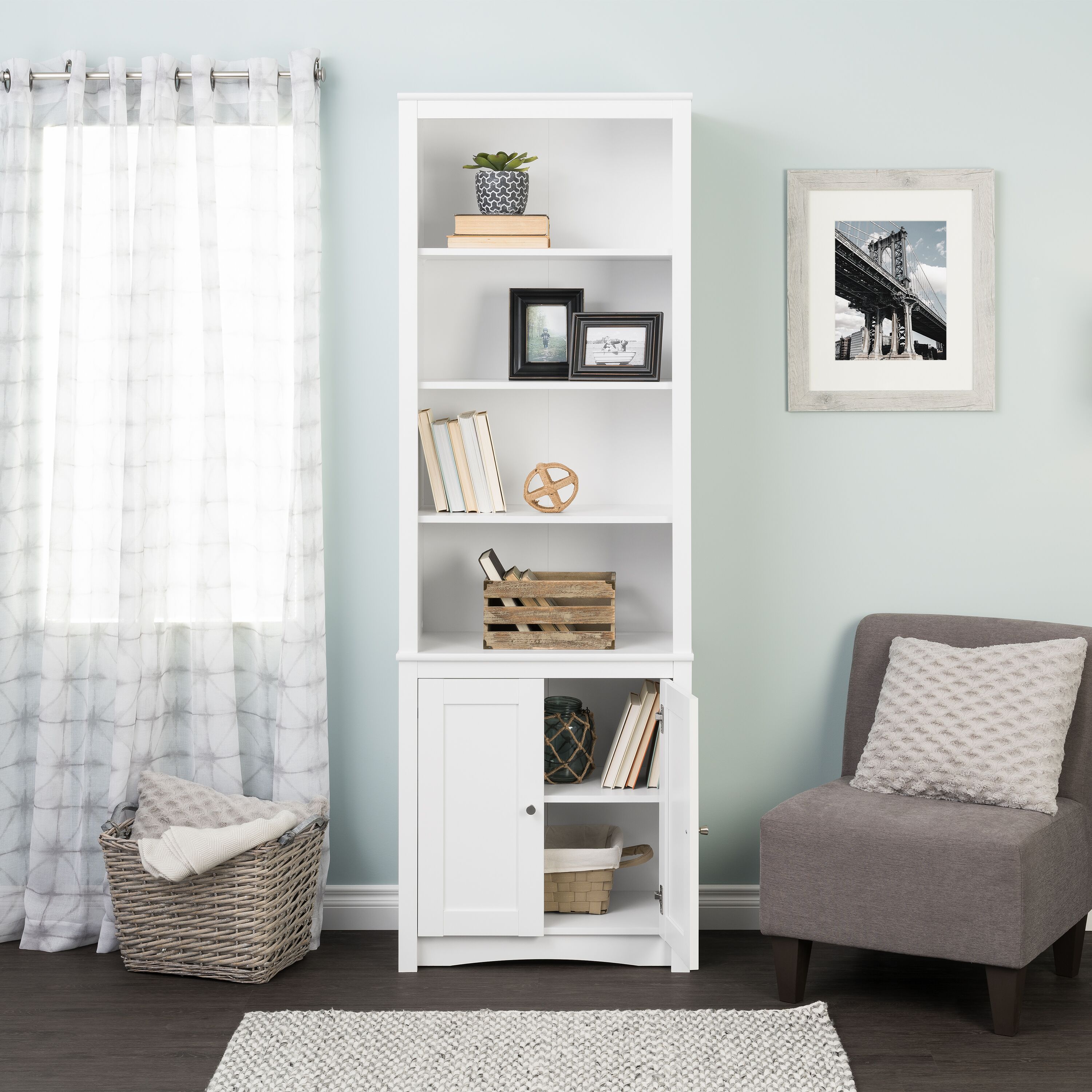white tall bookcase