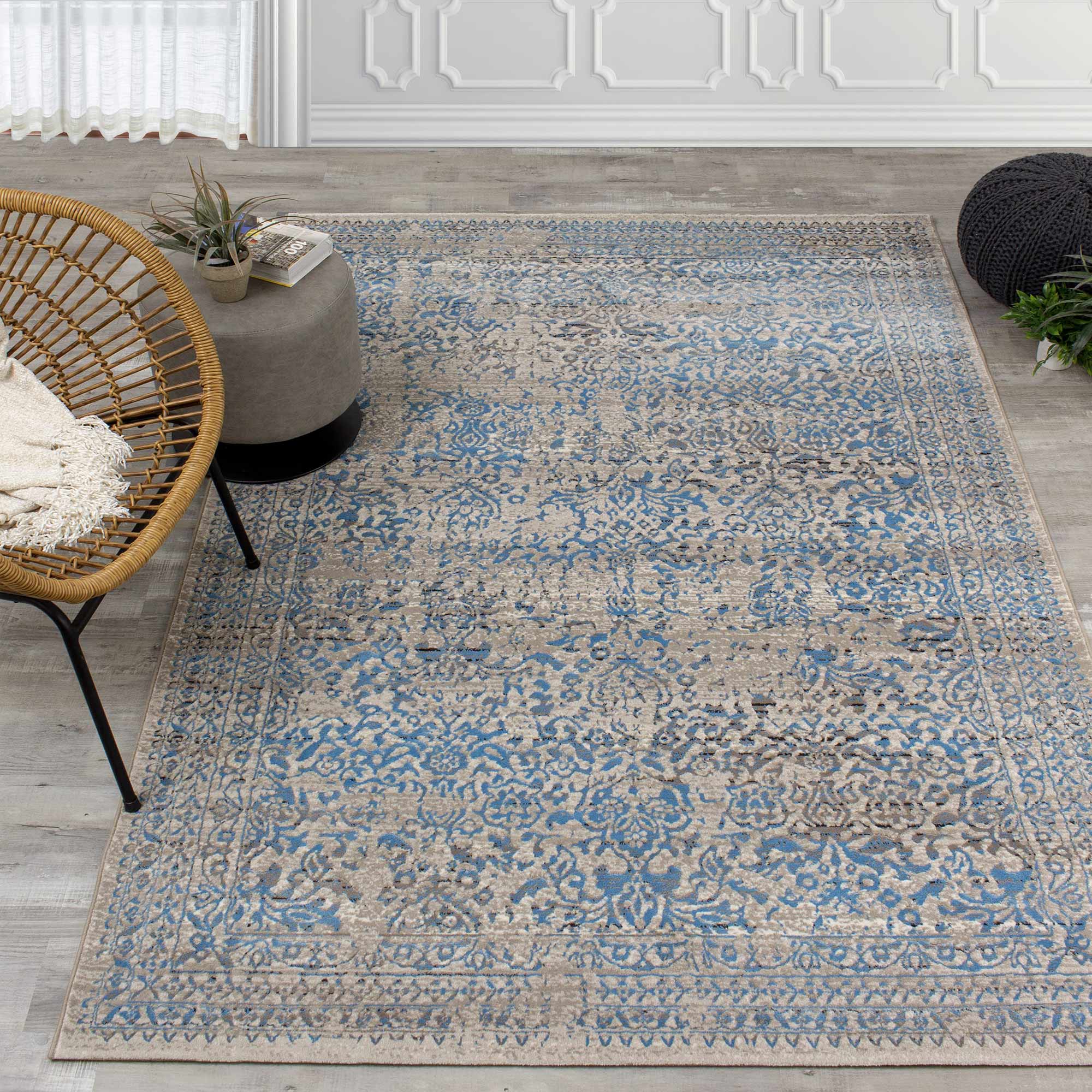 Parlour Rug Parlour Grey Blue Distressed Border Rug by Kalora