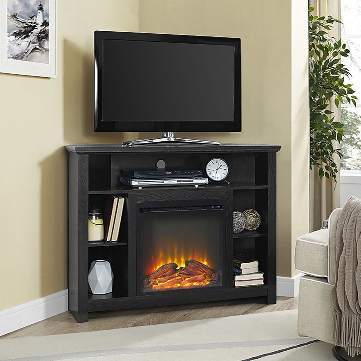 44 Inch Wood Corner Highboy Fireplace TV Stand Black at Futonland