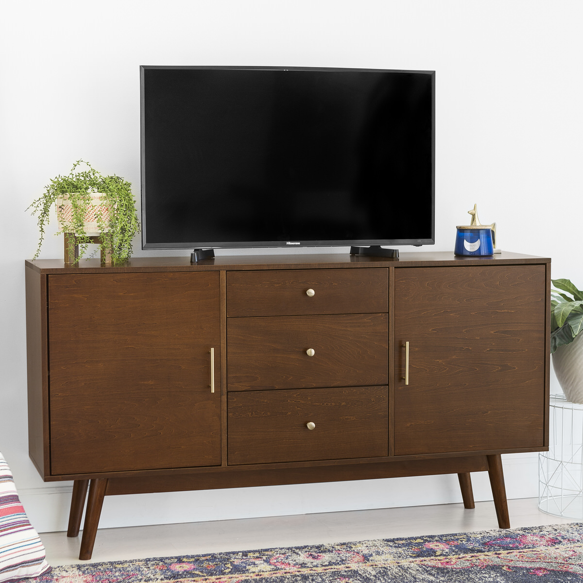 60 Inch Mid Century Modern Wood TV Stand Walnut at Futonland