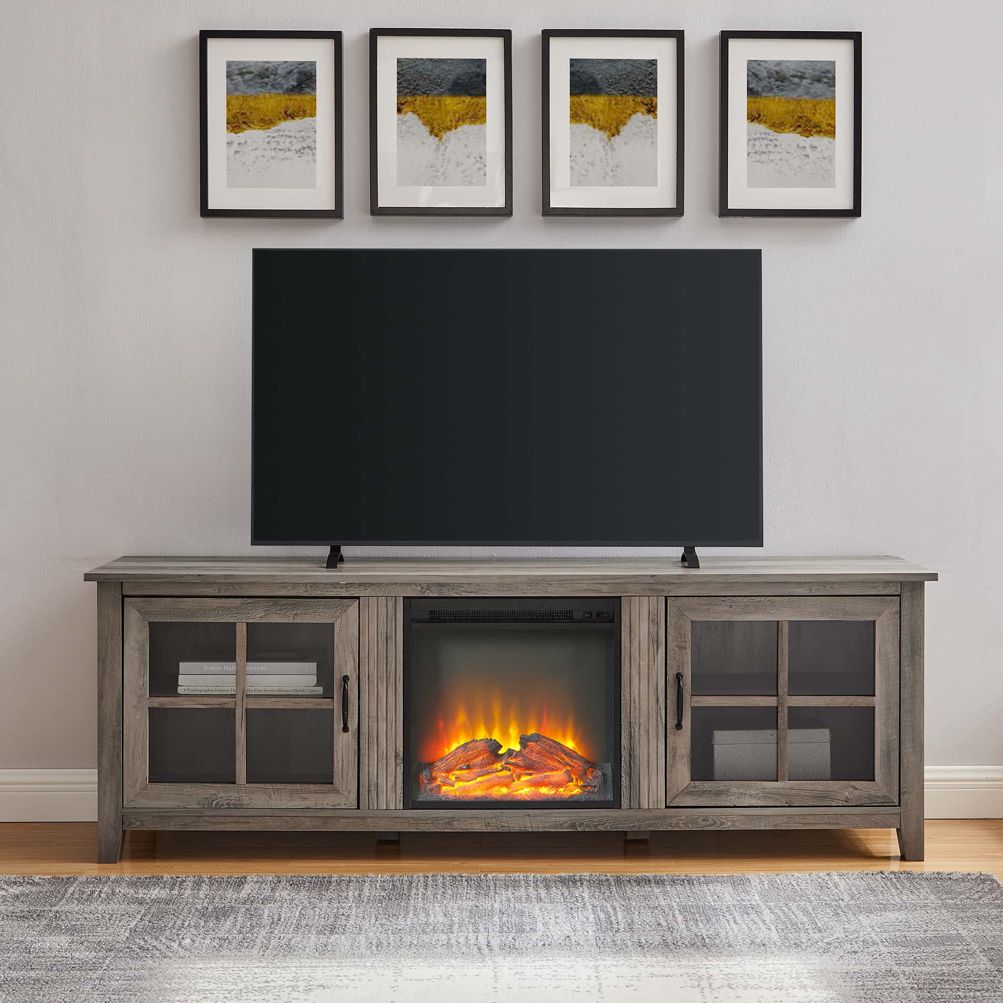 70 Inch Farmhouse Fireplace Wood TV Stand Grey Wash at Futonland