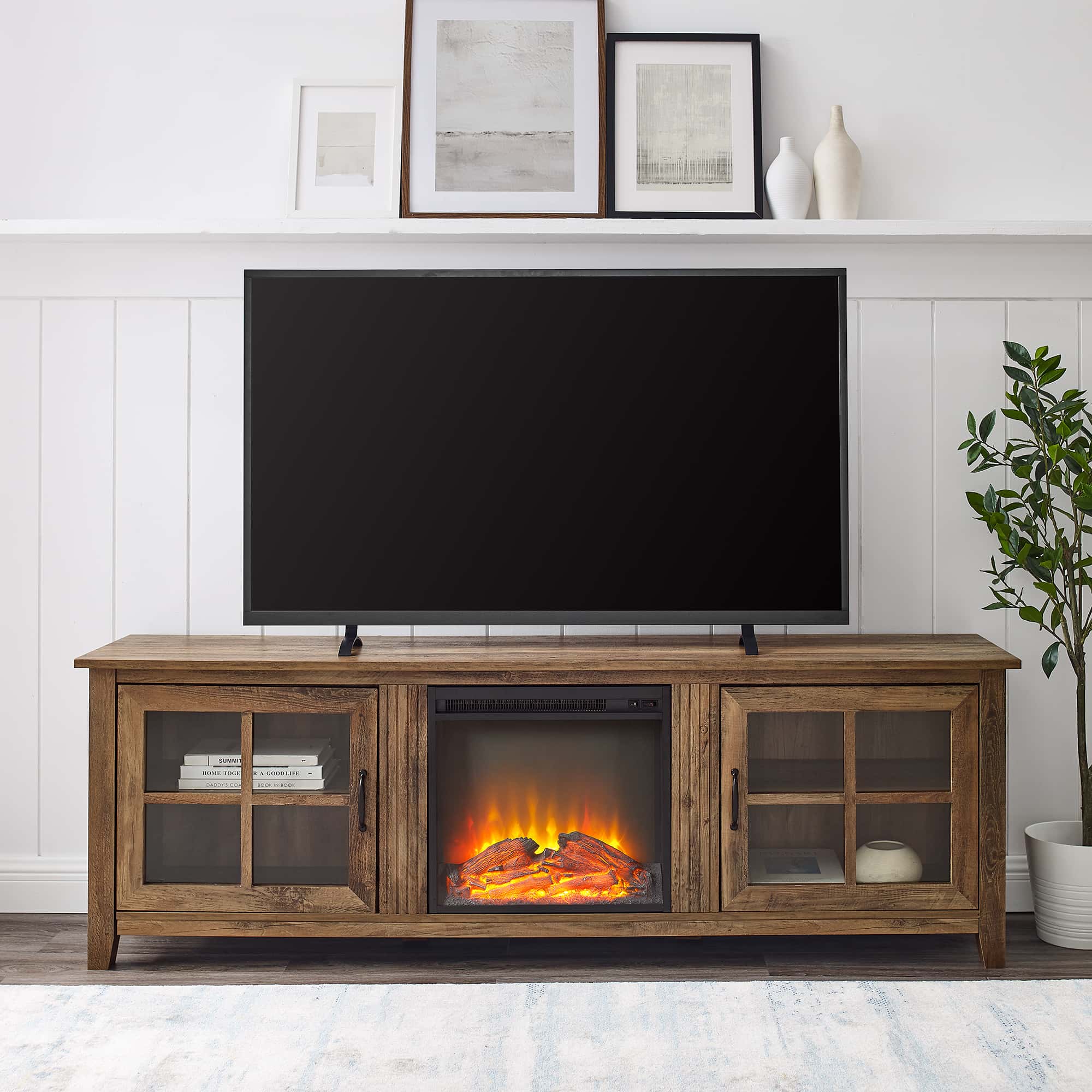 70 Inch Farmhouse Fireplace Wood TV Stand Rustic Oak by Walker Edison
