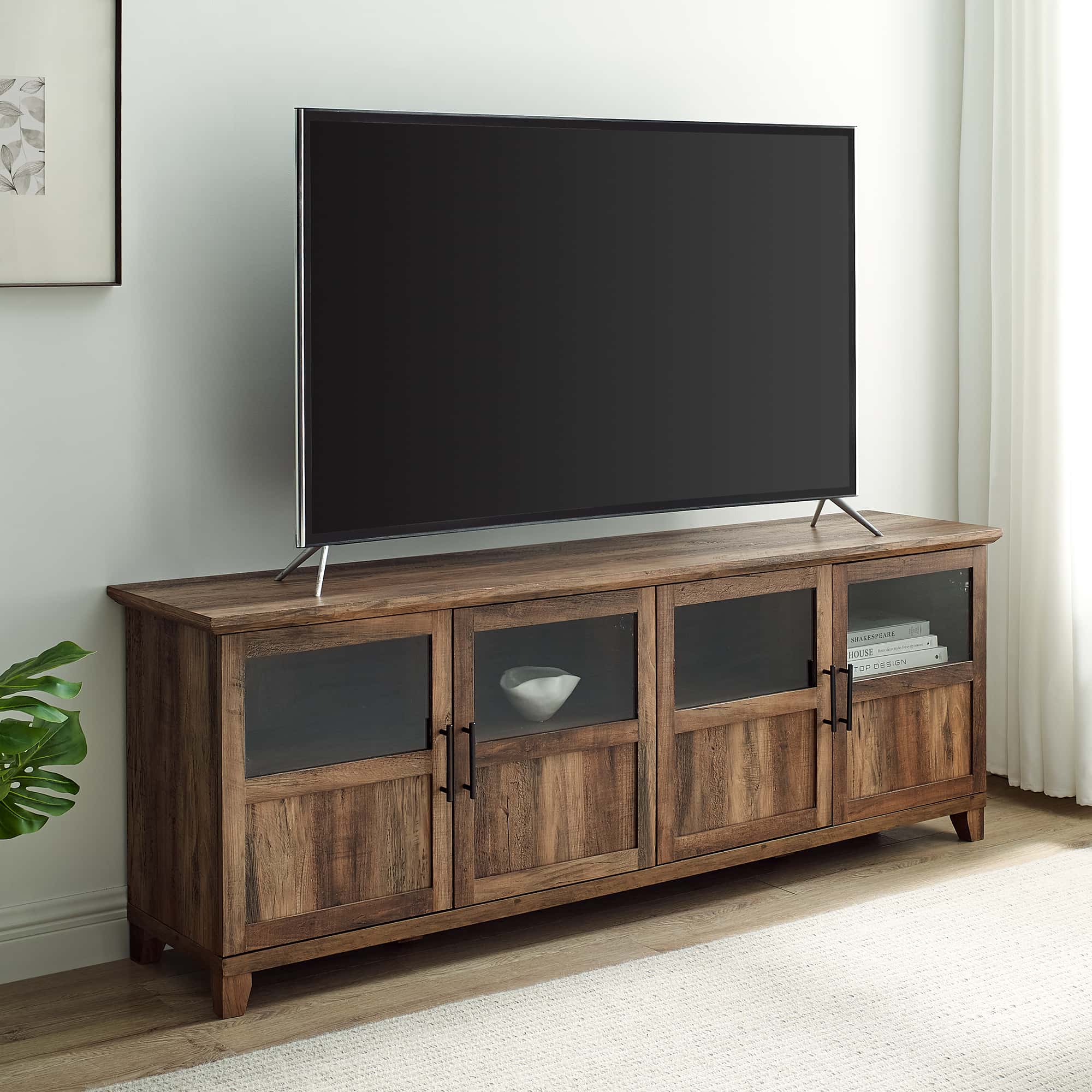 Goodwin 70" TV Console with Glass and Wood 4 Panel Doors - Reclaimed  Barnwood by Walker Edison