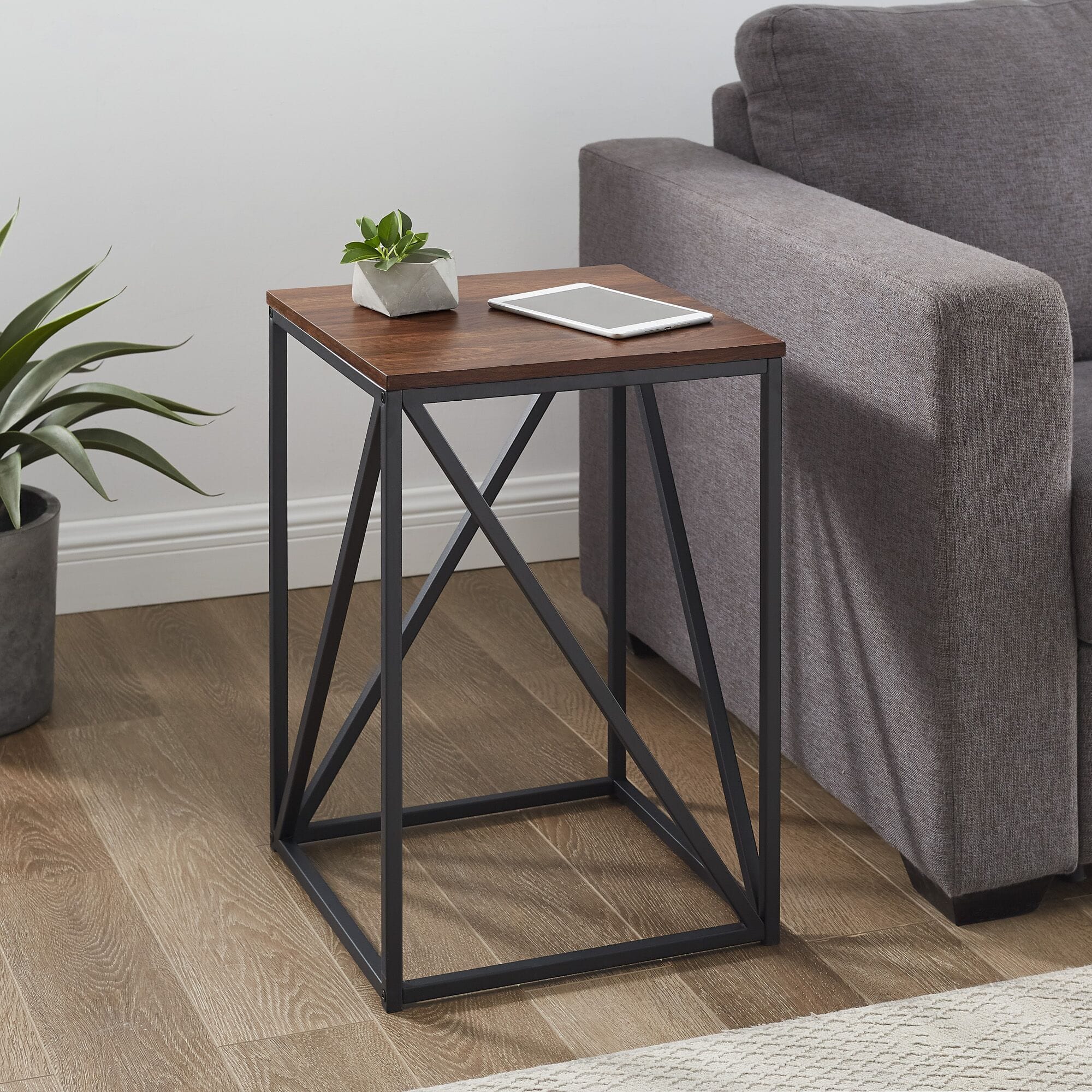 16 Inch Modern Geometric Square Side Table - Dark Walnut at Futonland
