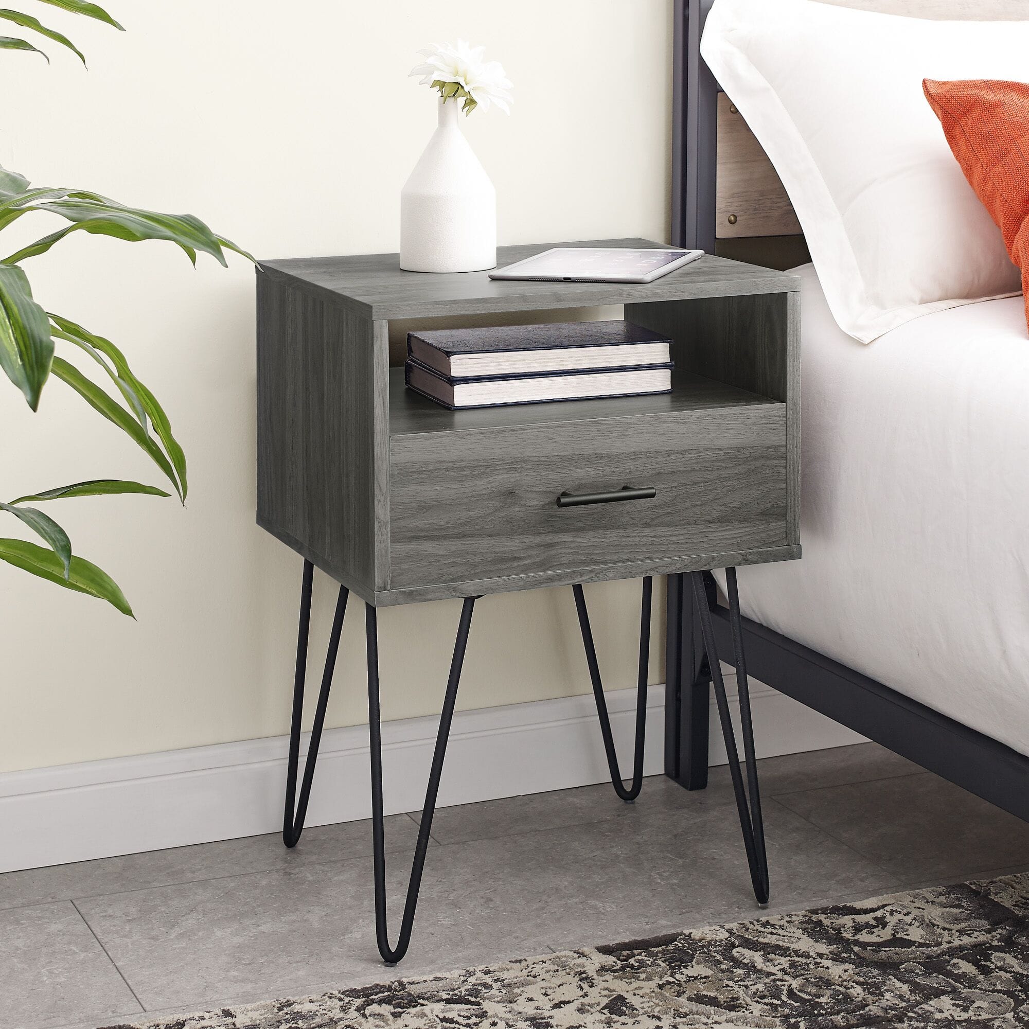 18 Inch Modern Single Drawer Hairpin Leg Side Table Slate Grey