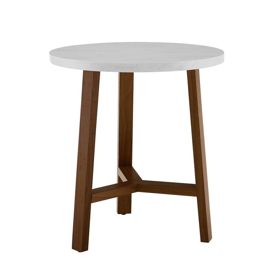 Mid Century Modern Round Side Table - White Marble/Acorn by Walker Edison