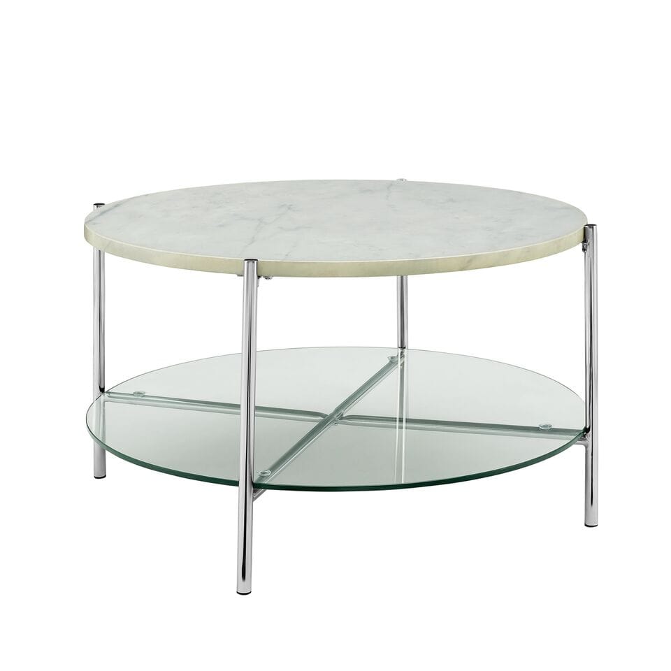 Modern Round Coffee Table White Marble Top Glass Shelf Chrome Legs By Walker Edison