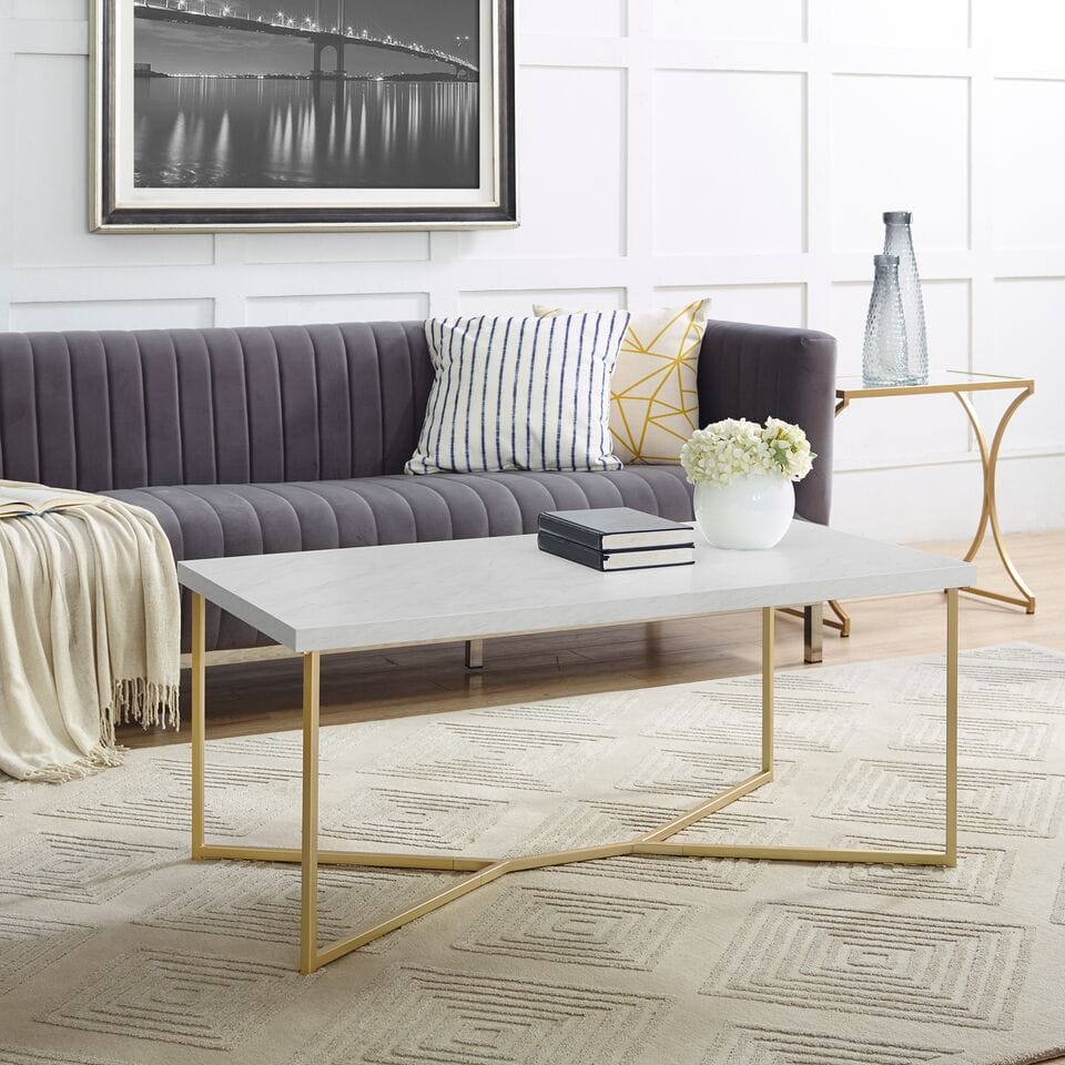Mid Century Modern Coffee Table - White Faux Marble/Gold by Walker Edison